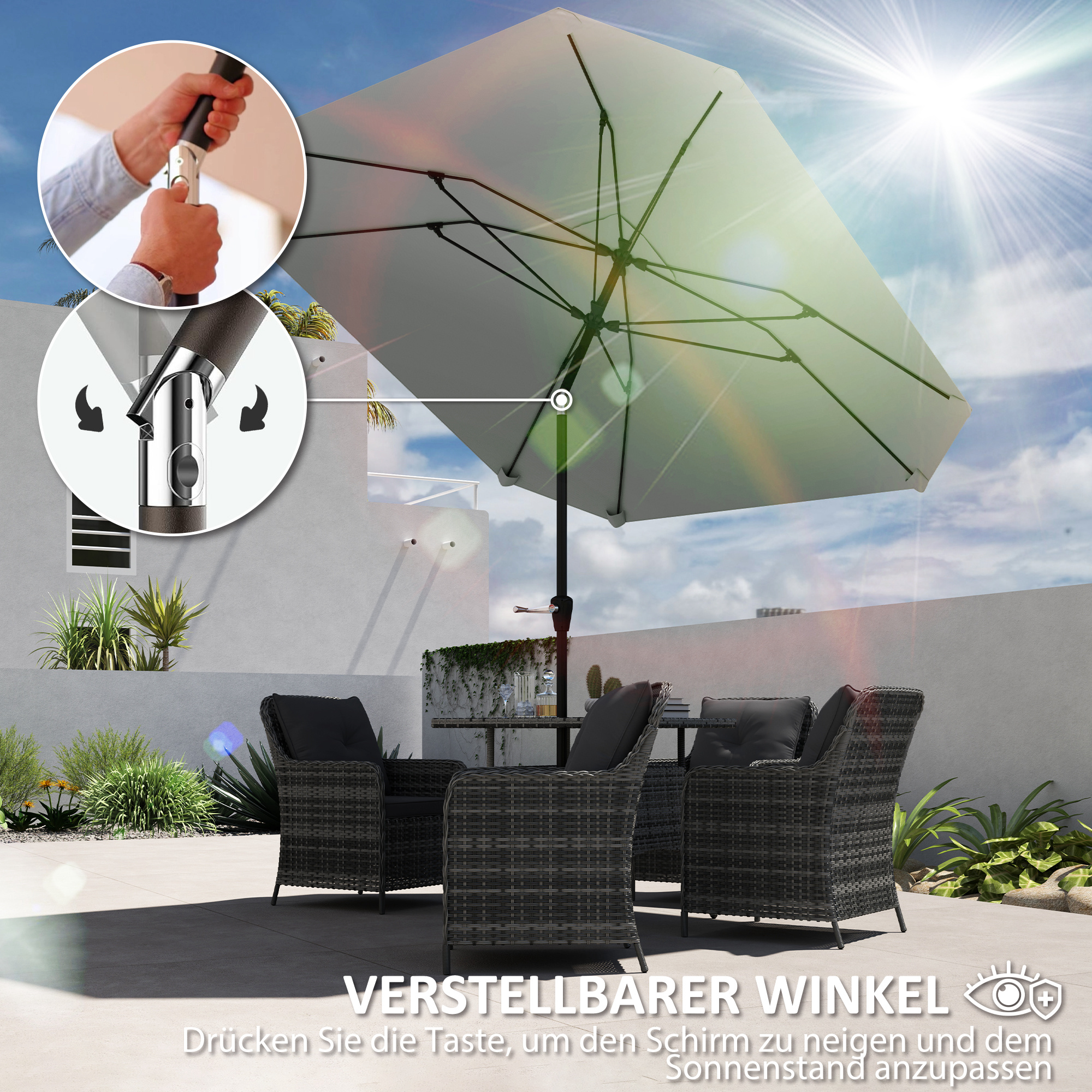 2,3 m Sonnenschirm ohne Basis, Verstellbarer Terrassenschirm mit Kurbel, Polyester, Aluminium, Fiberglas, Dunkelgrau