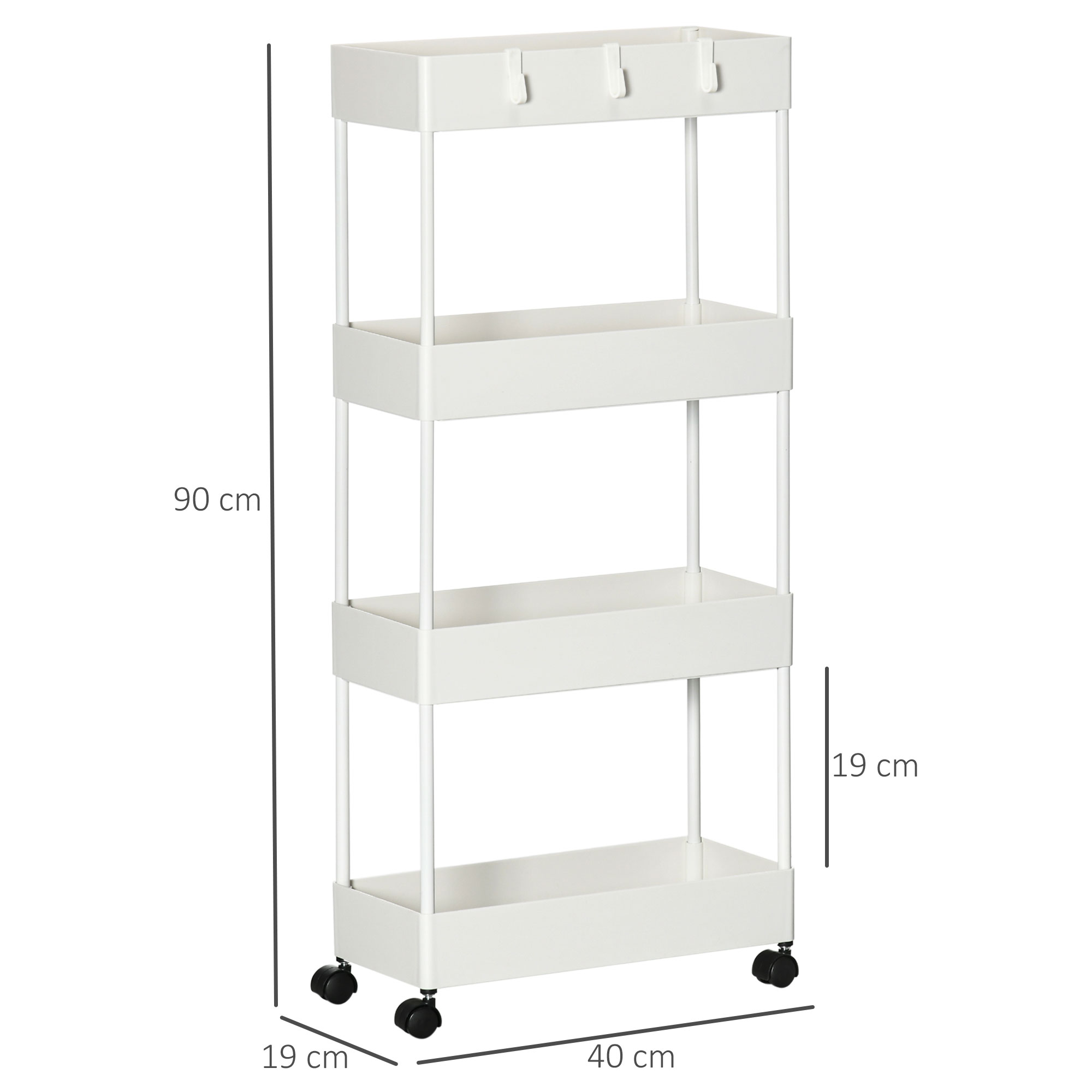 Küchenwagen mit 4 Regalen, 4 flexiblen Haken, 4 Rollen, 40 cm x 19 cm x 90 cm, Nischenwagen, Weiß