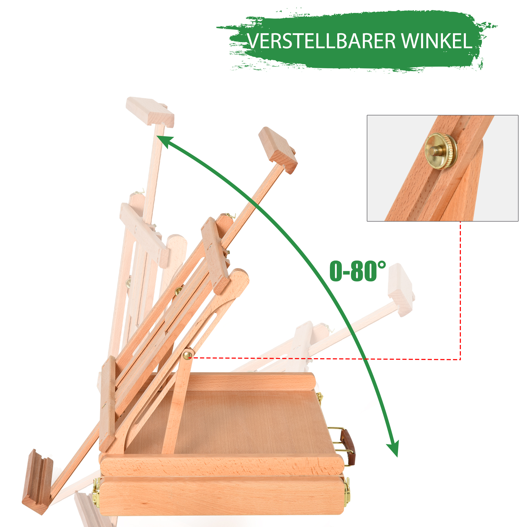 Tischstaffelei Winkelverstellbare Staffelei mit Griff Kofferstaffelei zum Malen & Zeichnen Faltbare Atelierstaffelei mit Schublade Buchenholz Natur