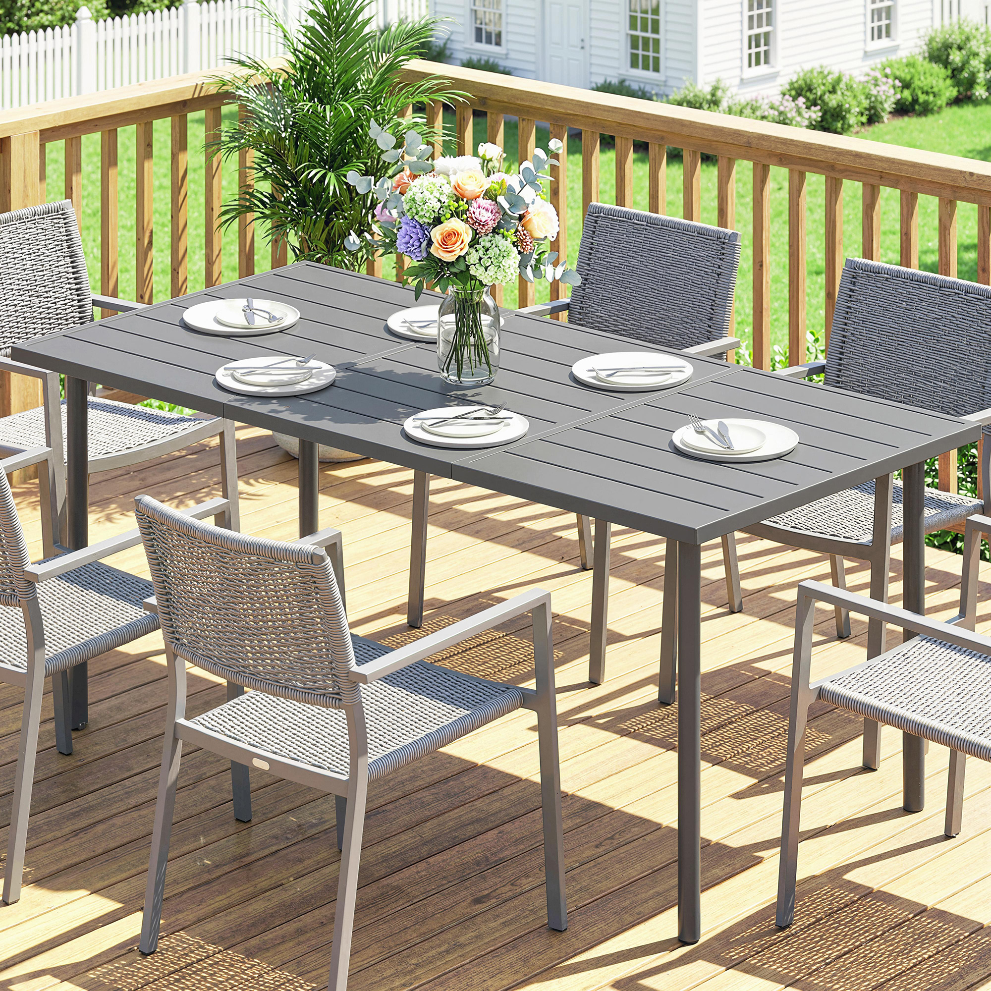 Gartentisch 165 x 80 cm für 6 Personen Esstisch mit Lamellen-Tischplatte Stahlrahmen, Rechteckig