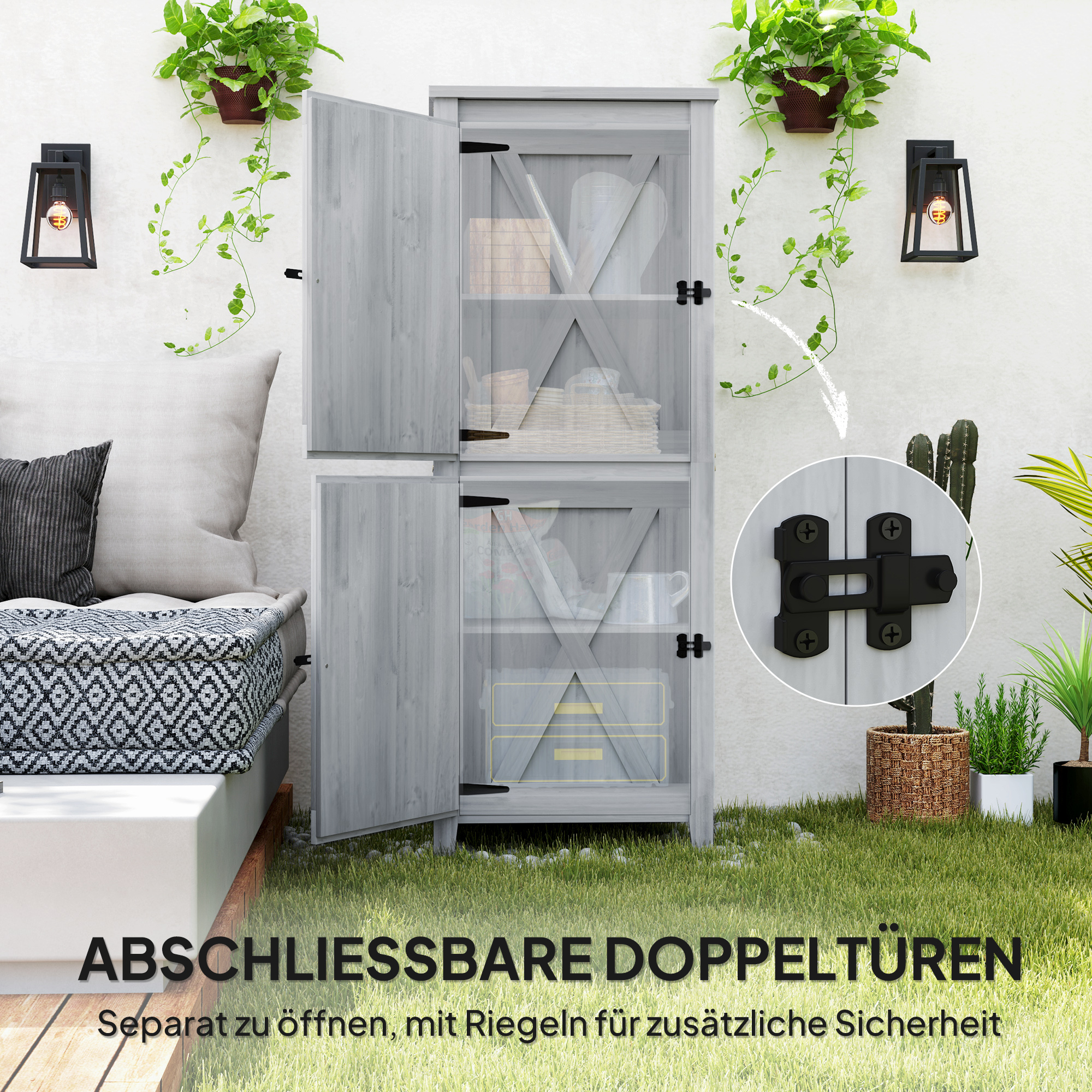 Holzschuppen, Kompakter Gartenschuppen für Werkzeug und Gartengeräte mit verschließbaren Türen, Hellgrau