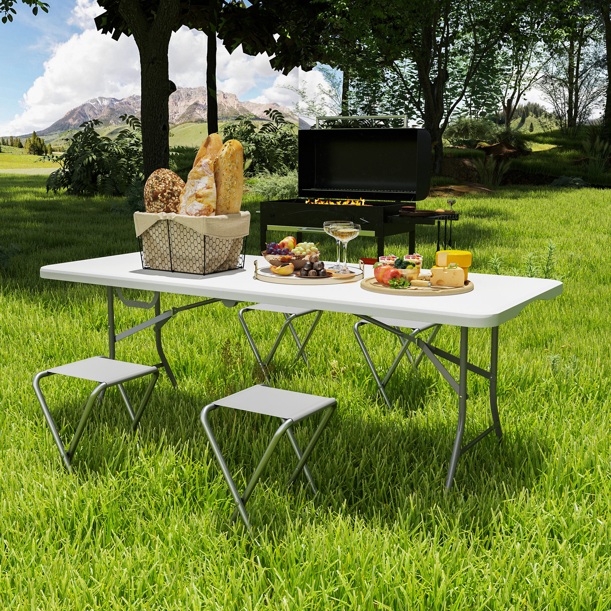 Klapptisch, Faltbarer Campingtisch, Metall, Kunststoff, Picknicktisch, Weiß
