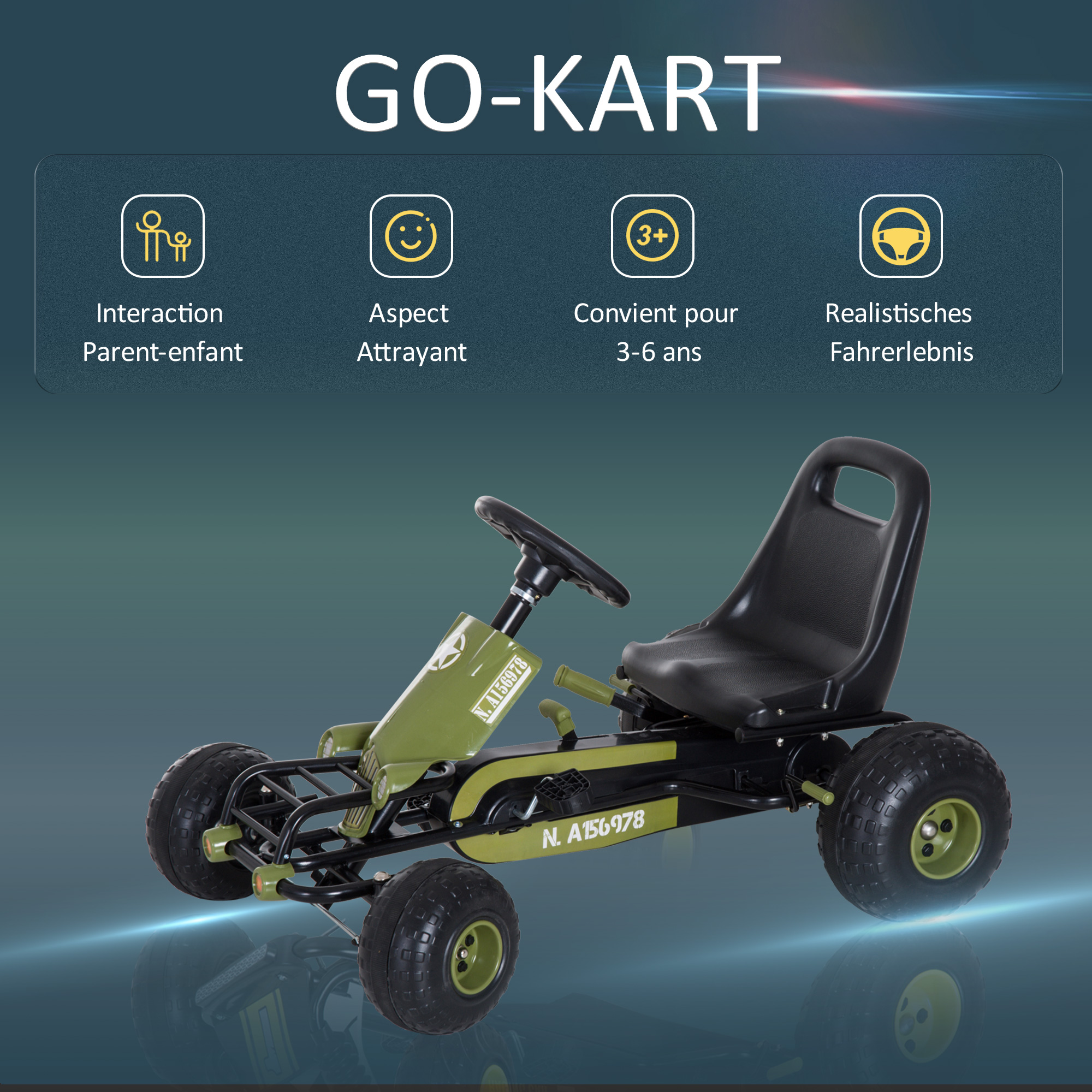 Go Kart Tretauto Tretfahrzeug mit Handbremse, Vor- und Rückwärtsgang, Kinderfahrzeug Kettcar Tretfahrzeug mit Verstellbarem Sitz für Kinder 3-6 Jahren, 99 x 65 x 56cm Grün
