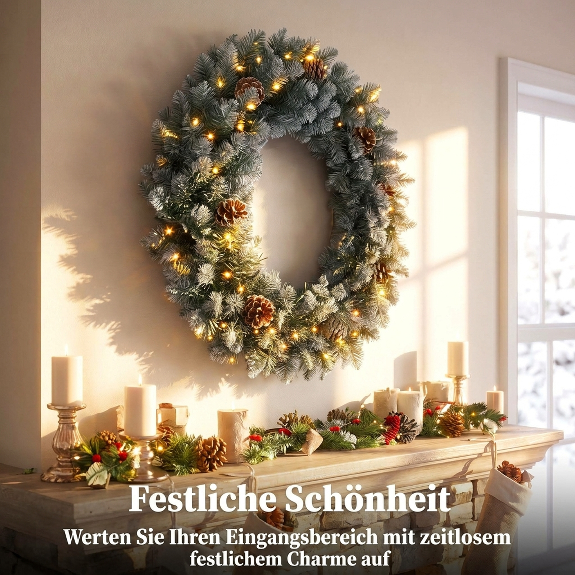 Weihnachtskranz 60 cm Beleuchtet Türkranz mit 50 LEDs Zapfen Kunstschnee für Weihnachten Advent Haustür