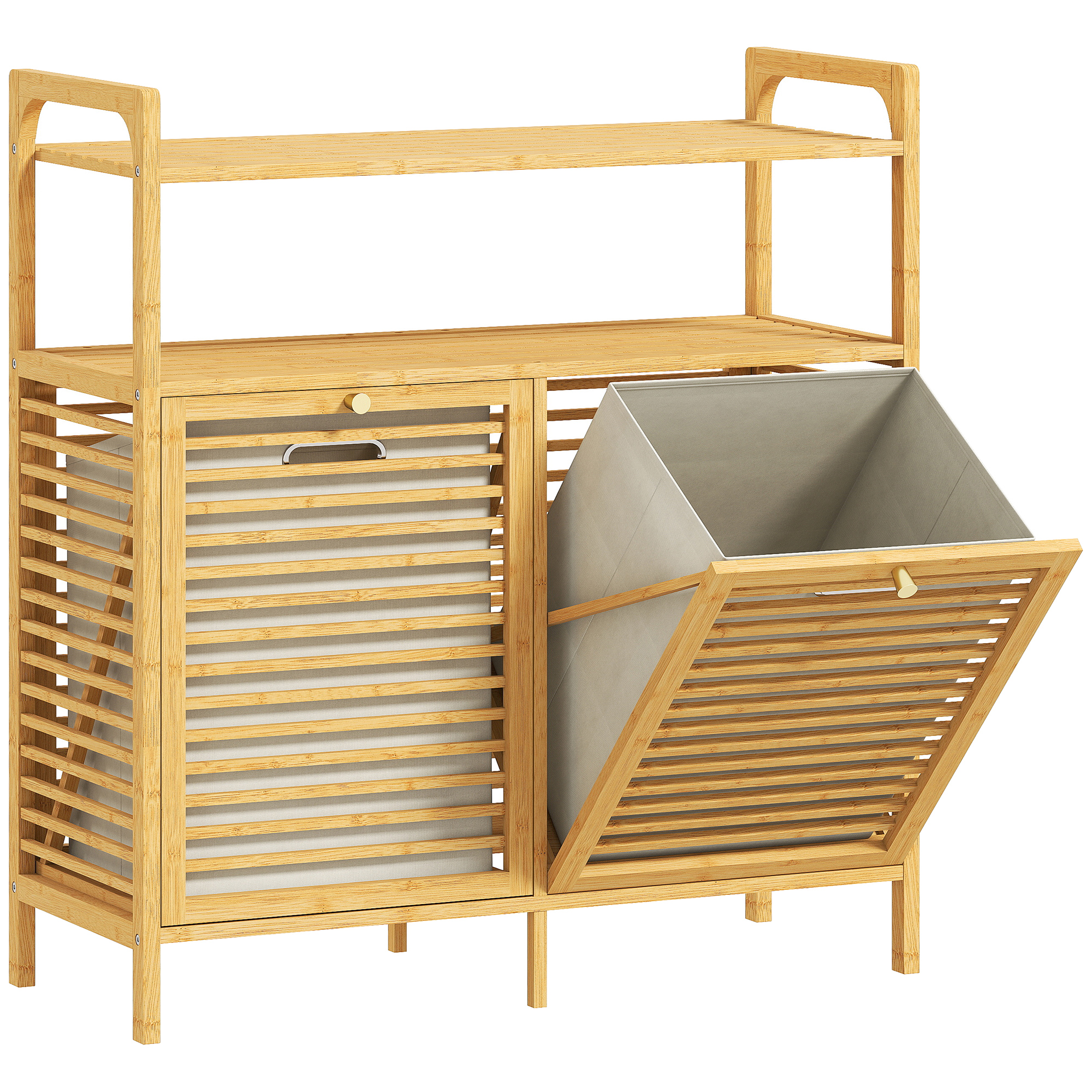 Wäscheregal mit 2 Wäschekörben, freistehendes Bambusregal für Badezimmer, Waschküche, Naturholz+Cremeweiß Wäscheregal mit 2 Wäschekörben, freistehendes Bambusregal für Badezimmer, Waschküche, Naturholz+Cremeweiß