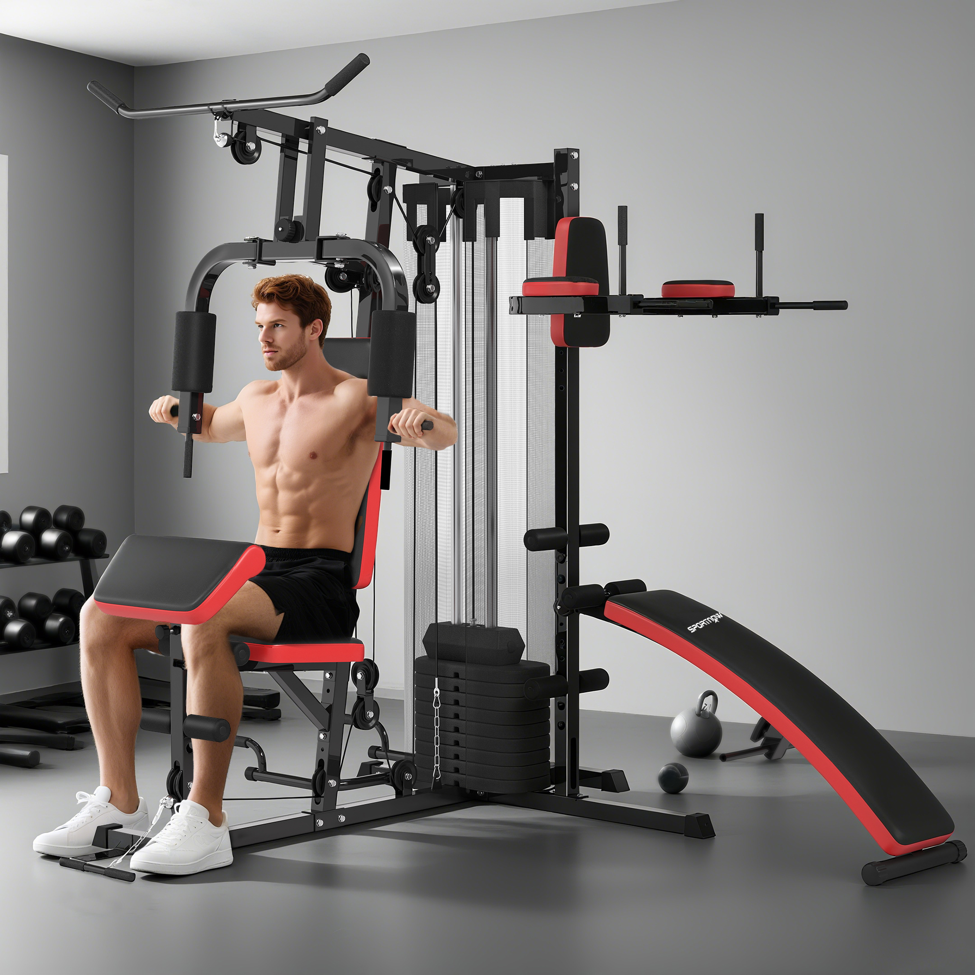Mehrzweck-Trainingsstation mit 65 kg Gewichtsblock, verstellbar, fürs Heimtraining, Stahl, Kunstleder