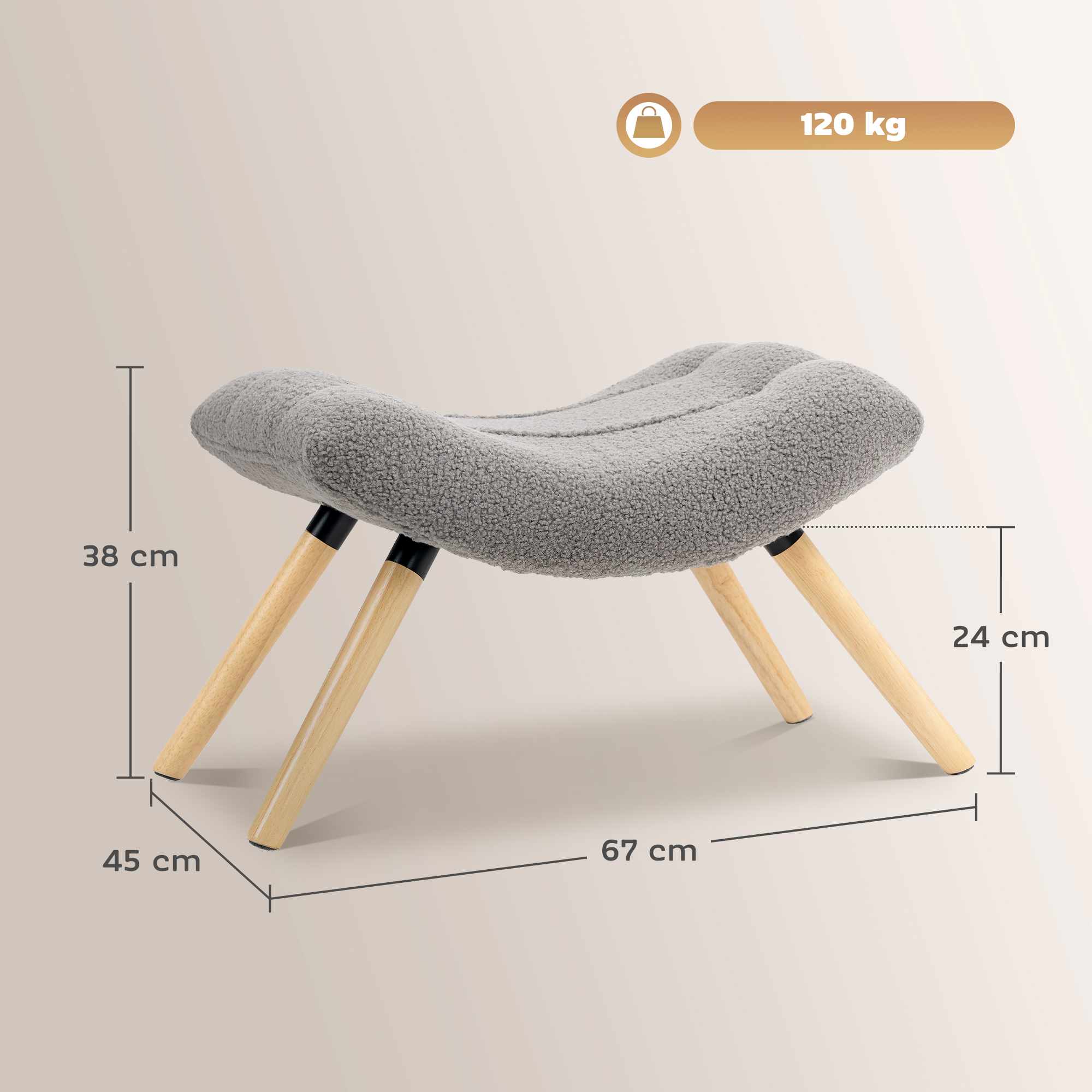 Moderner Fußhocker mit Fleece-Bezug und Holzbeinen, gepolstert, für Wohnzimmer, Schlafzimmer, Flur, Hellgrau