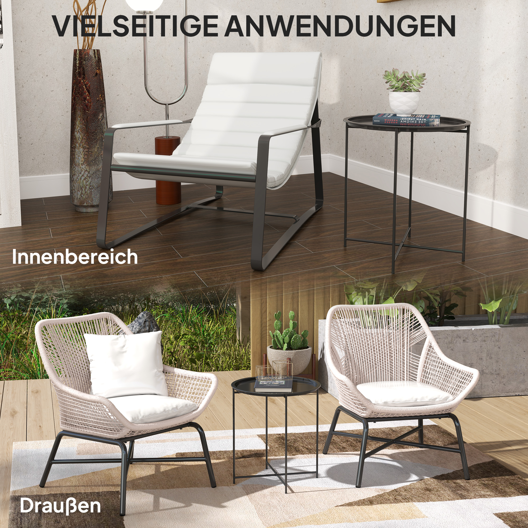Gartentisch, runder Außen-Beistelltisch aus Stahl mit herausnehmbarem Tablett, faltbares Design, Terrassentisch, Schwarz