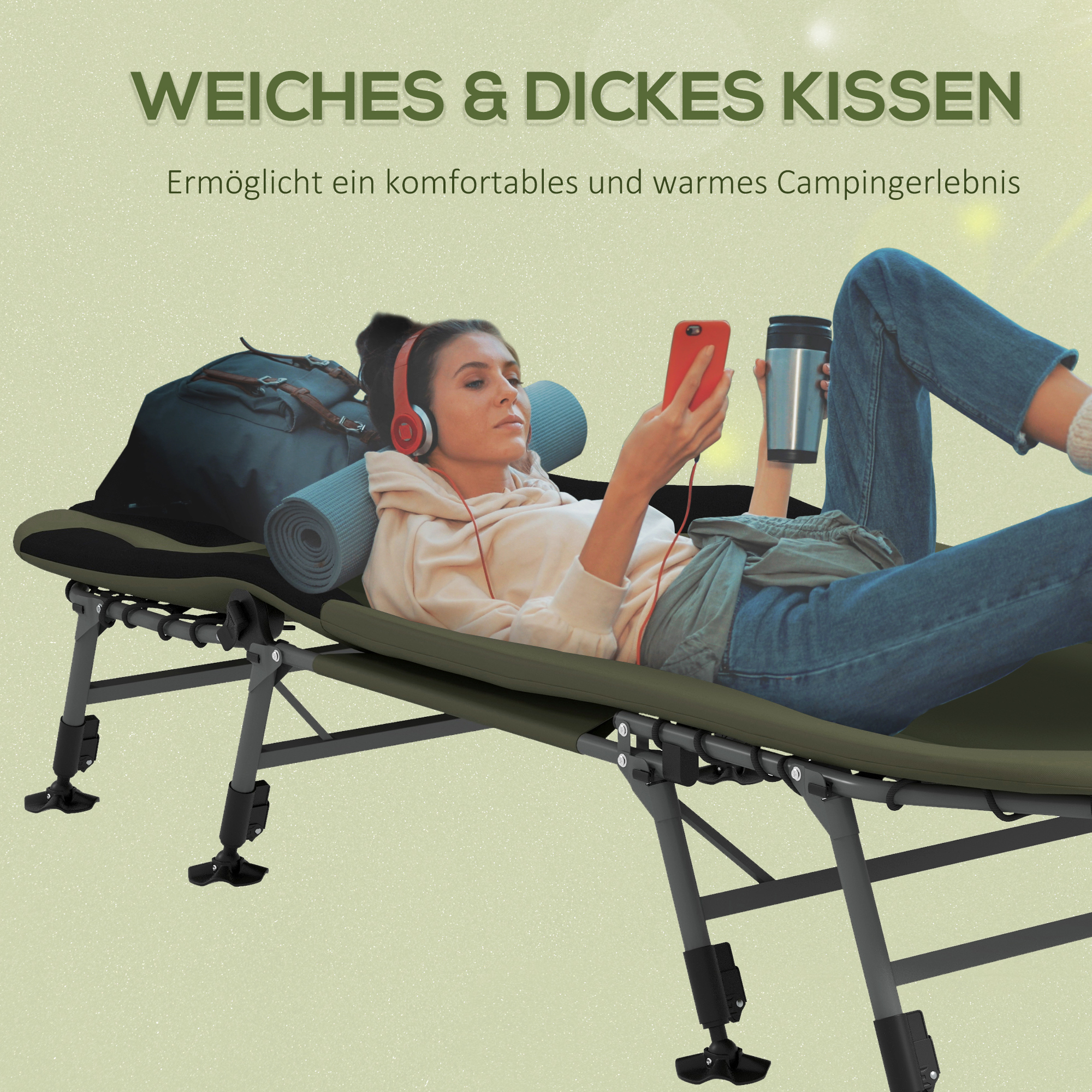 Campingliege Campingbett Feldbett, 200 x 85 x 40-55 cm, Grün