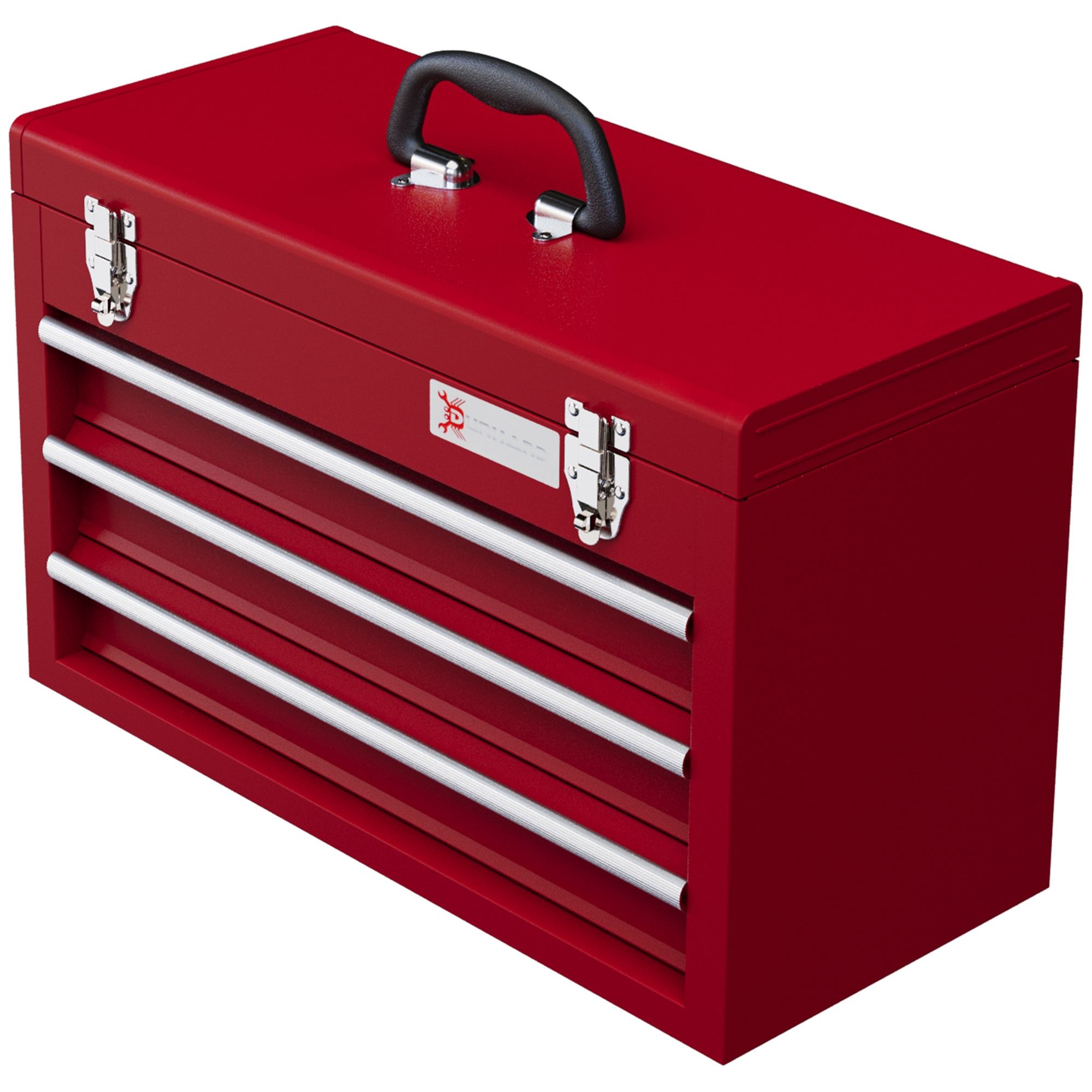 Werkzeugkiste mit 3 Schubladen, oberes Staufach, Stahlverschlüsse, Tragegriff, 51x22x32 cm, Rot