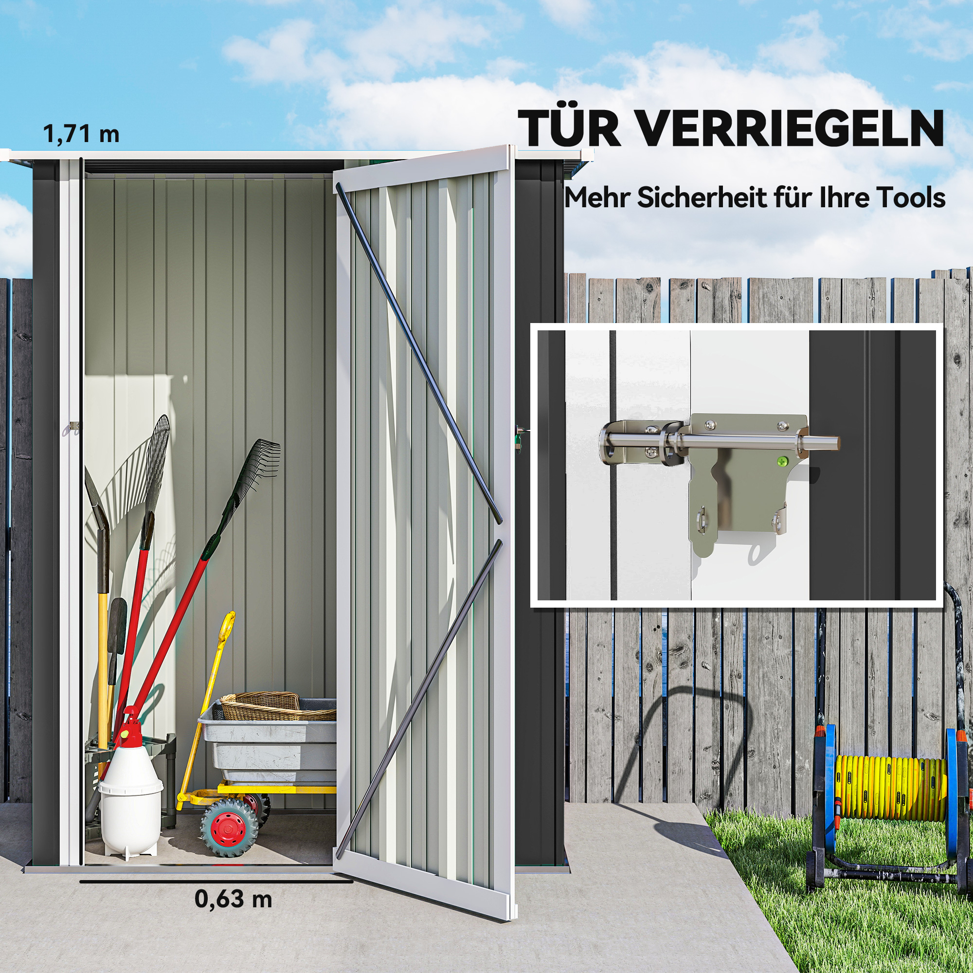 Metall Gerätehaus 1,07 m² 142 x 86 x 189 cm Geräteschuppen mit Pultdach Abschließbarer Tür, wetterfest Gartenhaus Outdoor Garten Schuppen für Hinterhof Außenbereich Dunkelgrau