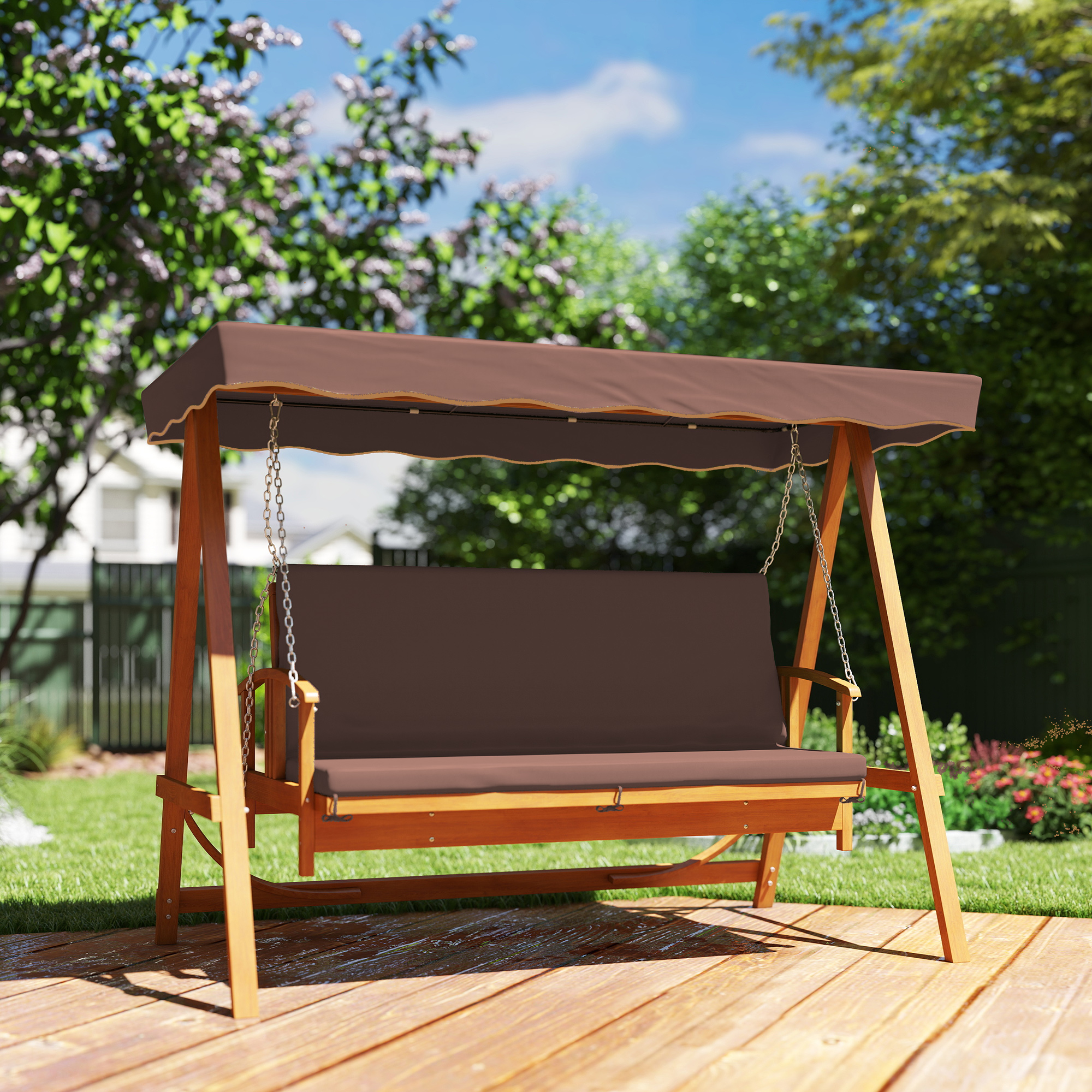 Hollywoodschaukel mit Sonnendach, Echtholz-Gartenschaukel, Schaukelbank mit Liege-Funktion, für 3 Personen, Braun
