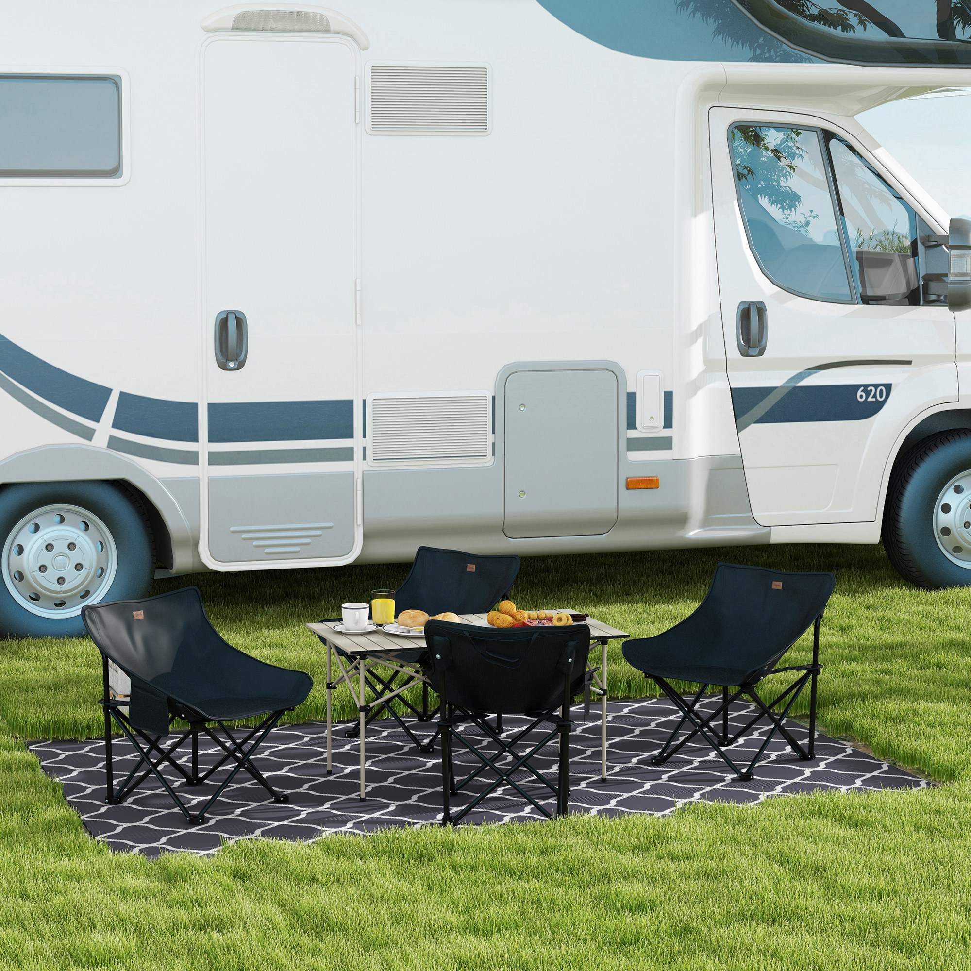 Campingstuhl, faltbar, Stahlrahmen, Stoffsitz, Tragetasche, Schwarz