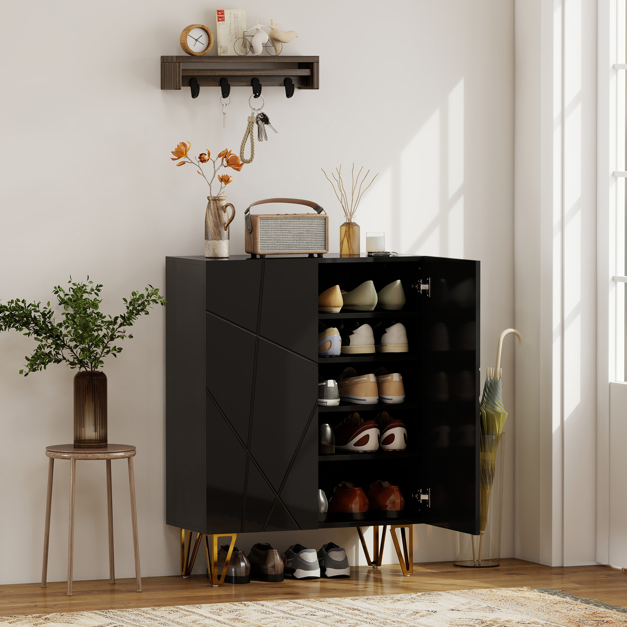 Schuhschrank mit 2 Türen, Schuhregal, Schuhaufbewahrung mit 3 Verstellbaren Ablagen 72 x 31,5 x 95 cm, Schwarz