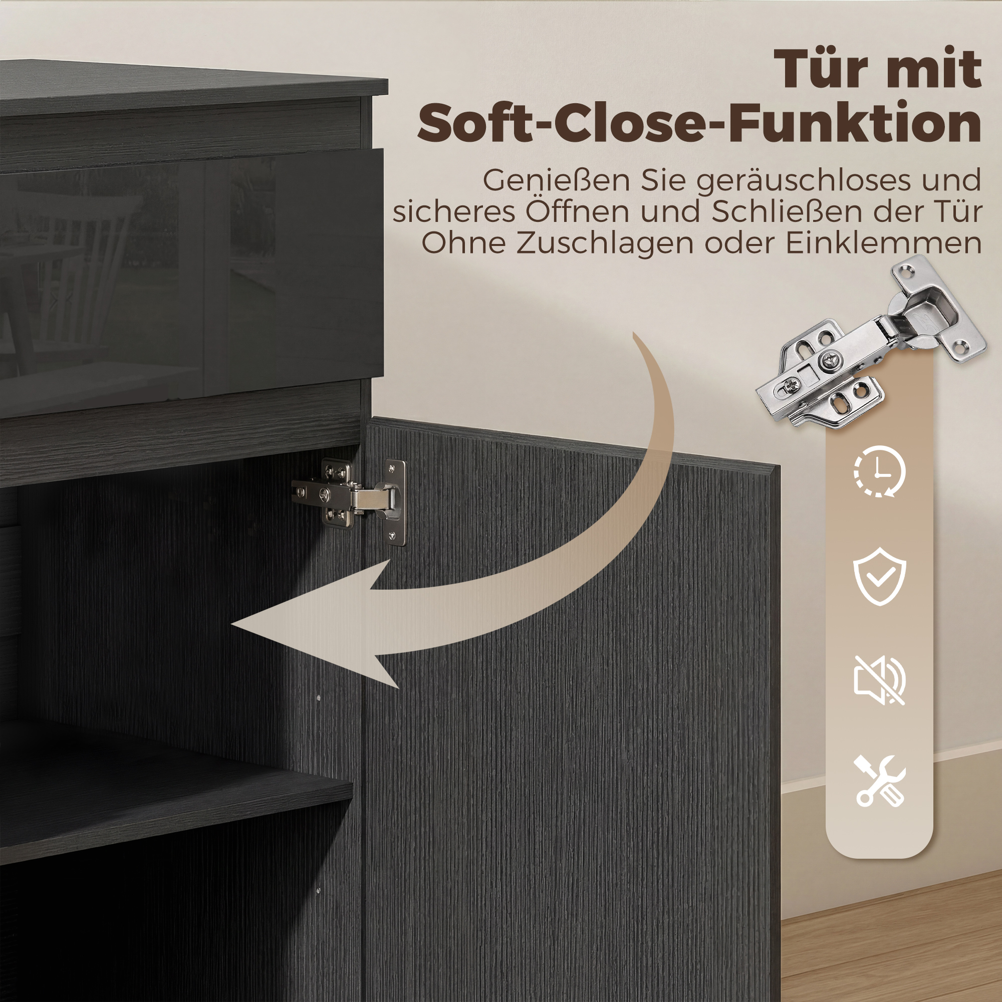 Modernes Sideboard, Stauraum-Sideboard mit 5 Schubladen, verstellbarem Regal, Soft-Close-Tür, Schwarz Hochglanz