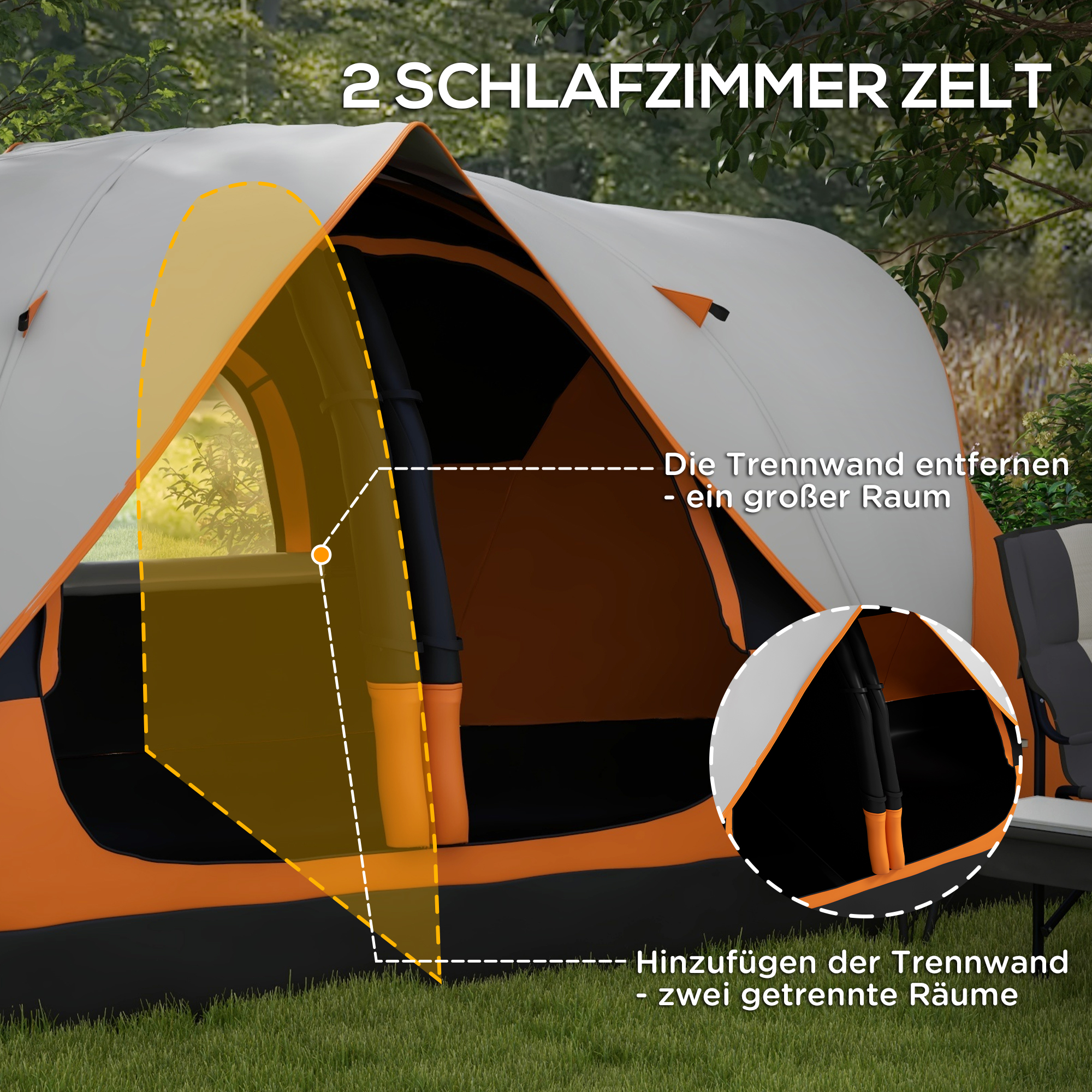 Campingzelt, 2 Räume, Trennwand, für 6-8 Personen, Regenschutz, Orange