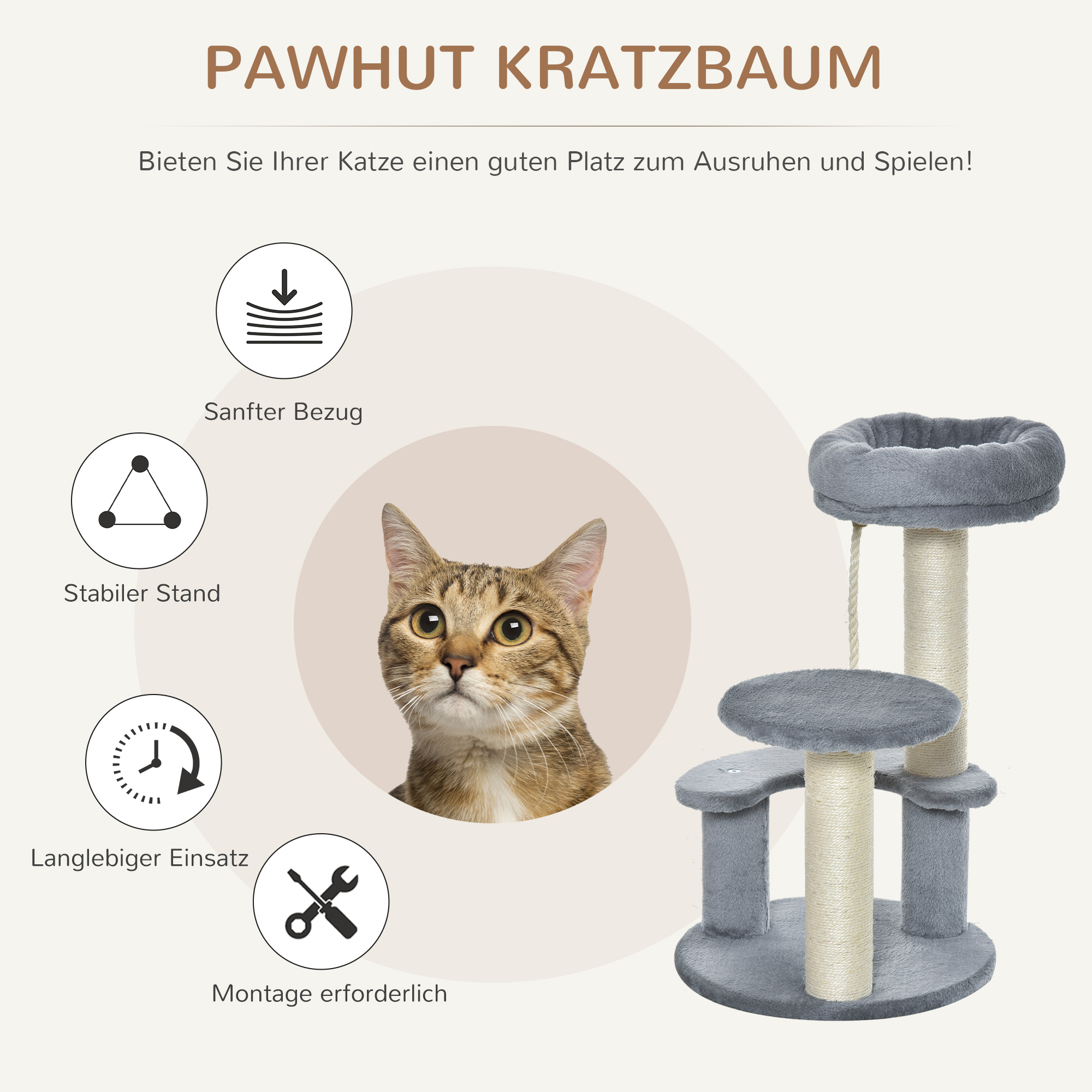 Kratzbaum 65 cm Kleiner Katzenbaum mit Katzenbett, Liegeplattform, Katzenkratzbaum mit Sisalsäulen Katzenmöbel für Katzen bis 3,5 kg, Grau