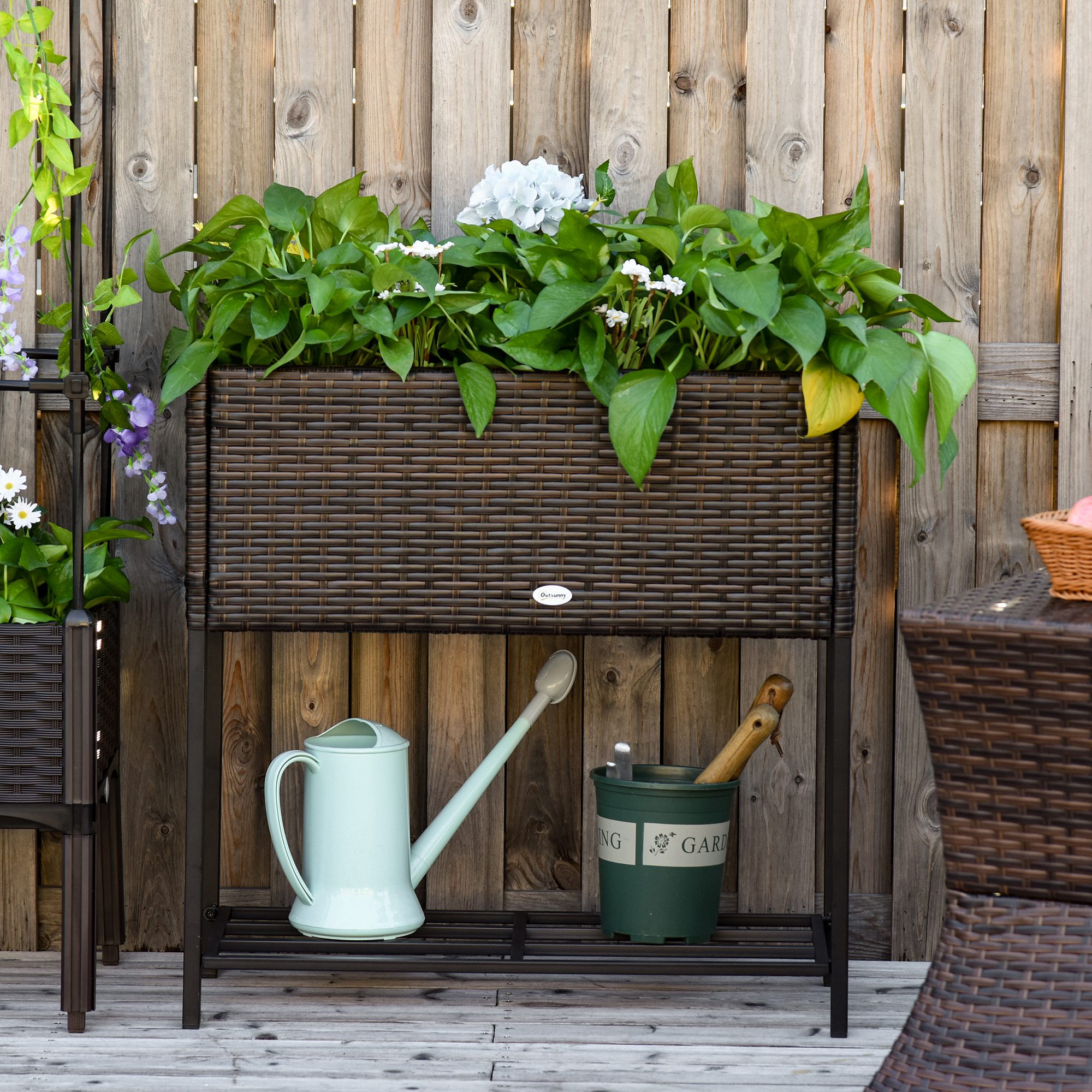 Hochbeet, Blumenkasten, tiefe Ablage, Metallrahmen/Polyrattan, 70 x 30 x 70 cm, Braun/Schwarz
