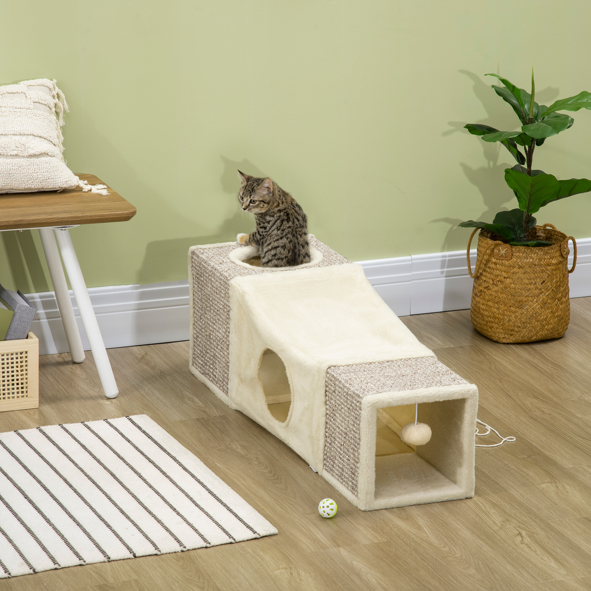 Katzentunnel, 2 Katzenhöhlen, Kratzflächen und Ballspielzeug, 98 cm x 30 cm x 30 cm, Braun + Beige