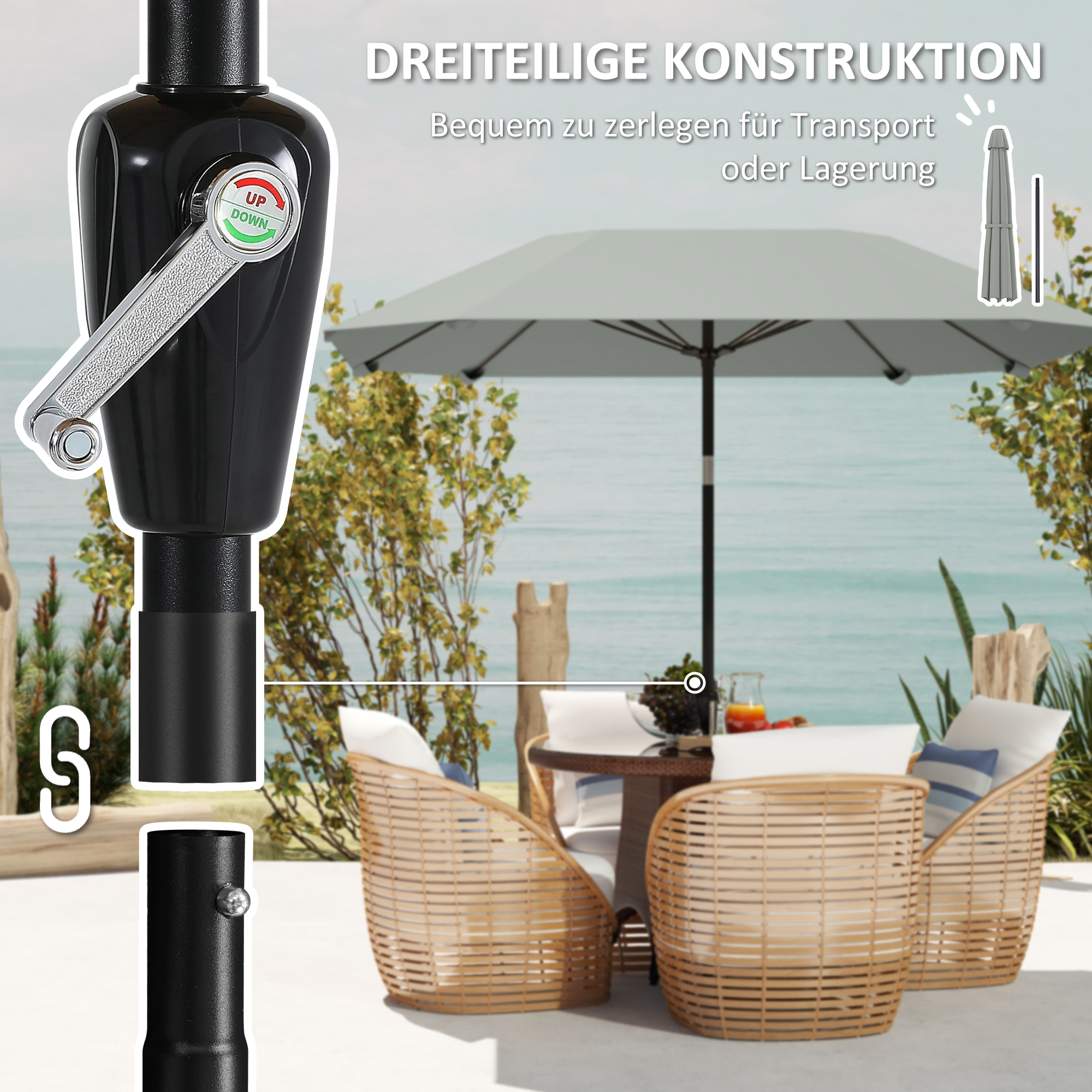 2,3 m Sonnenschirm ohne Basis, Verstellbarer Terrassenschirm mit Kurbel, Polyester, Aluminium, Fiberglas, Dunkelgrau