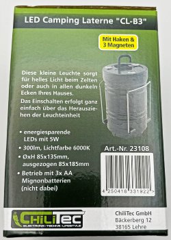 LED Camping Laterne "CL-B3", 300lm, Batteriebetrieb, ØxH 85x135mm