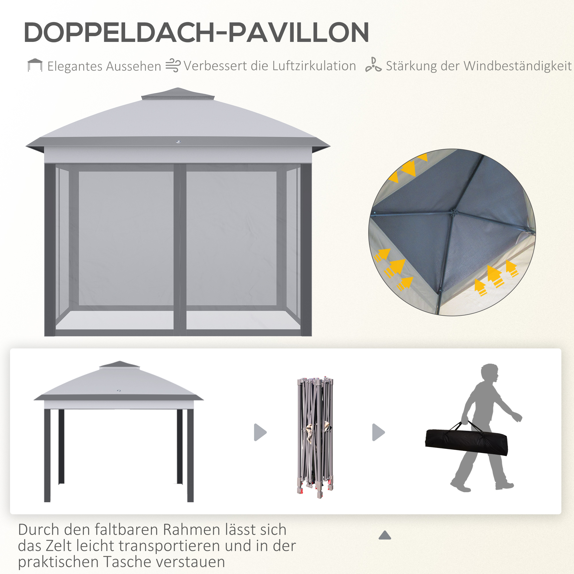 Faltpavillon, Gartenpavillon, Metall und Stoffplane, Netzvorhänge, Entwässerungslöcher, 330L x 330B x 288H cm, Grau