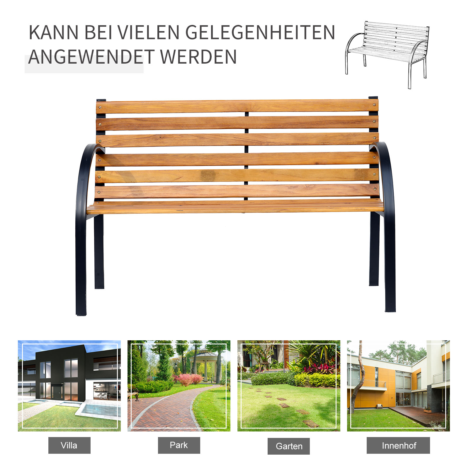 Gartenbank Sitzbank Parkbank 2-Sitzer Garten Stahl+Kiefernholz Natur B122 x T60 x H83 cm
