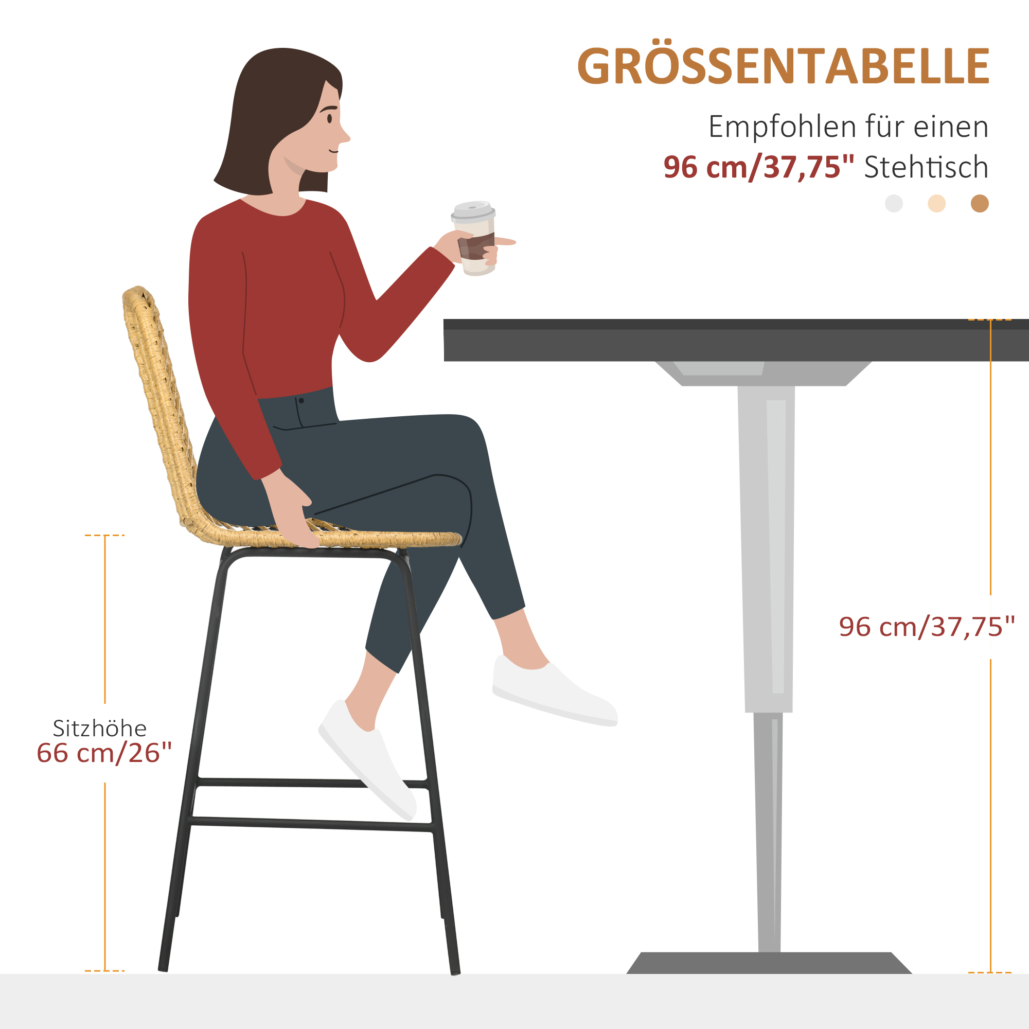 2er Set Barhocker mit Lehne Barstühle im Boho-Design, PE-Rattan, inkl. Fußtstütze, 42,5 cm x 52 cm x 102 cm, Gelb + Schwarz