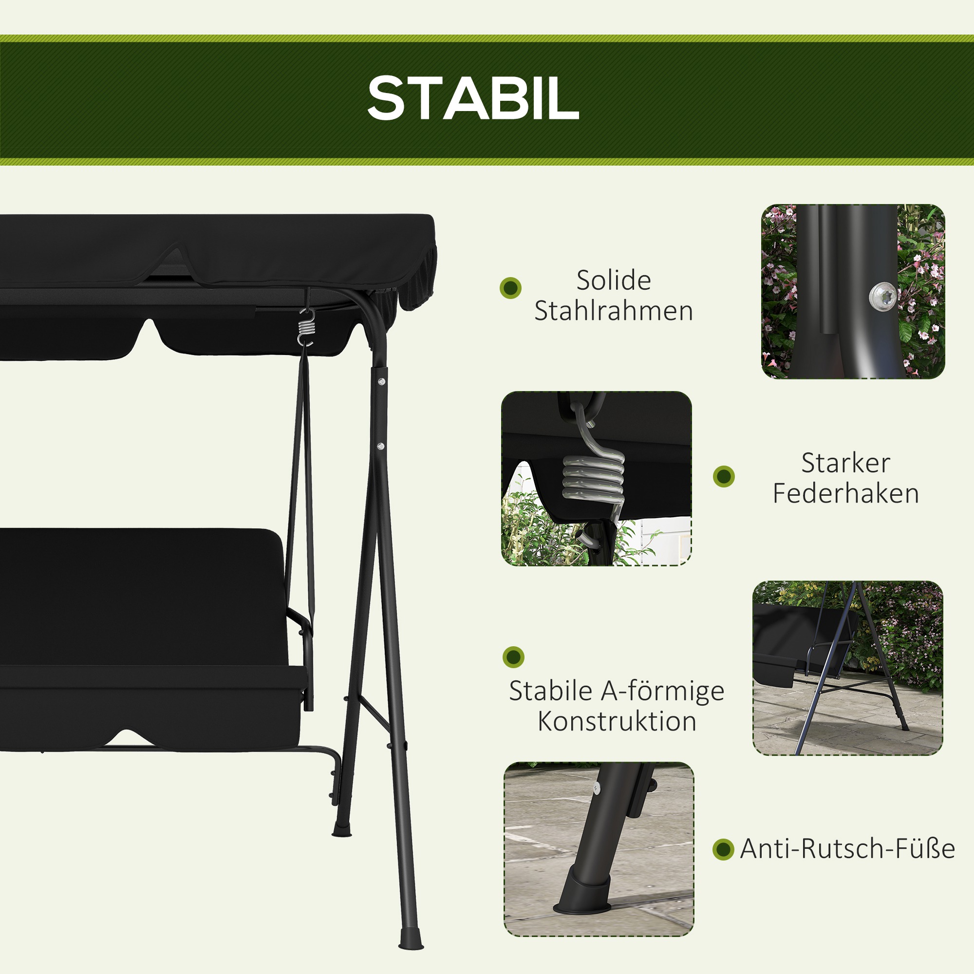 3-Sitzer Hollywoodschaukel Gartenliege Schaukelbank, wetterbeständig, 172 cm x 110 cm x 153 cm, Schwarz