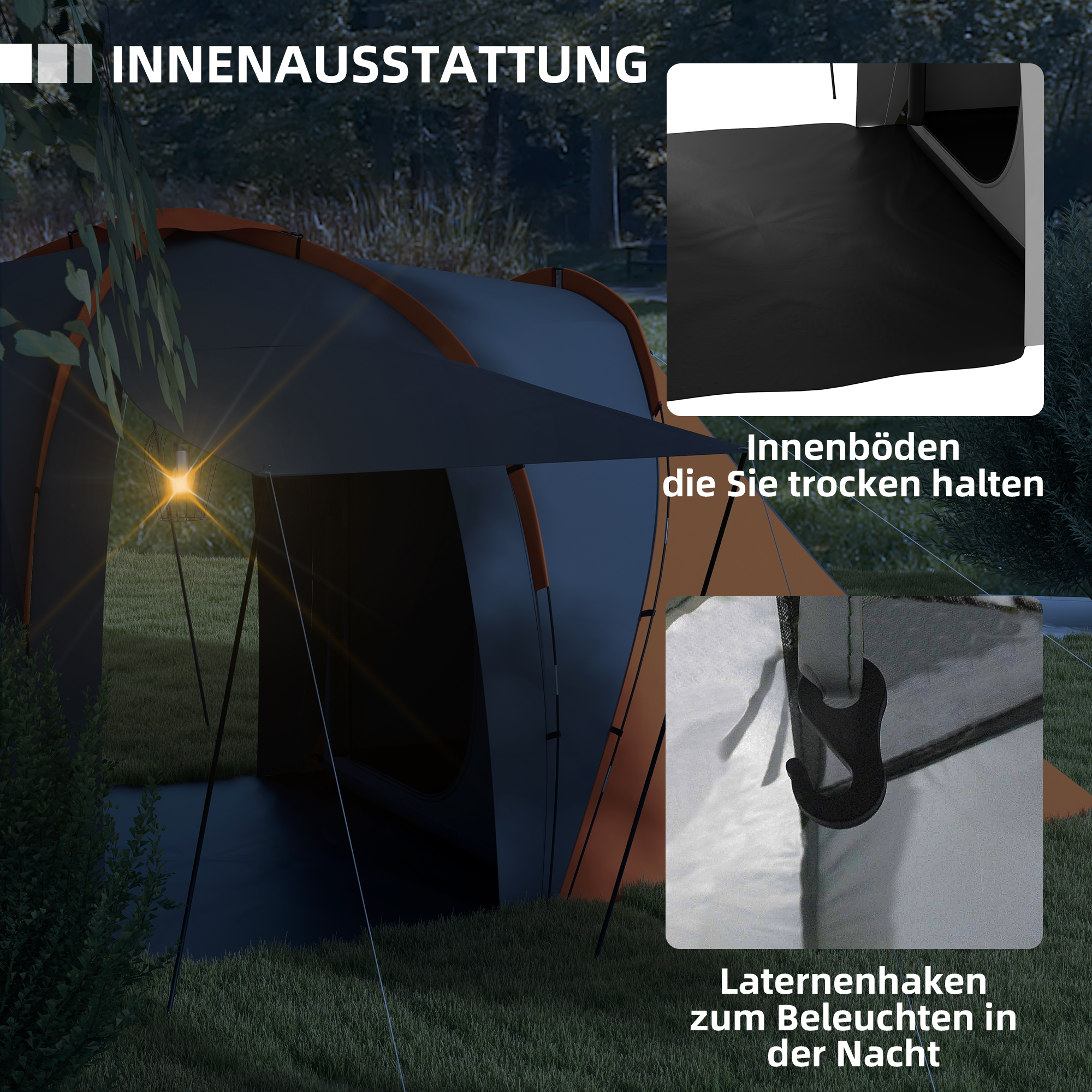 Tunnelzelt, 2000mm Wasserabweisend Campingzelt für 4-6 Personen, mit 2 Schlafzimmern Wohnbereich Tragetasche Grau+Orange