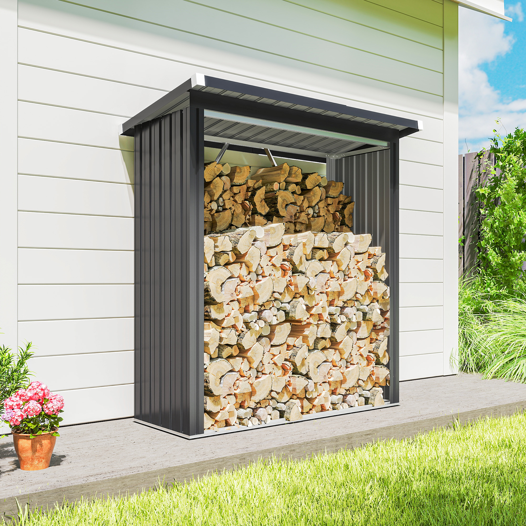 Brennholzschuppen, Feuerholzunterstand, Stahl, erhöhter Boden, Schrägdach, 150 x 66,5 x 150 cm, Dunkelgrau
