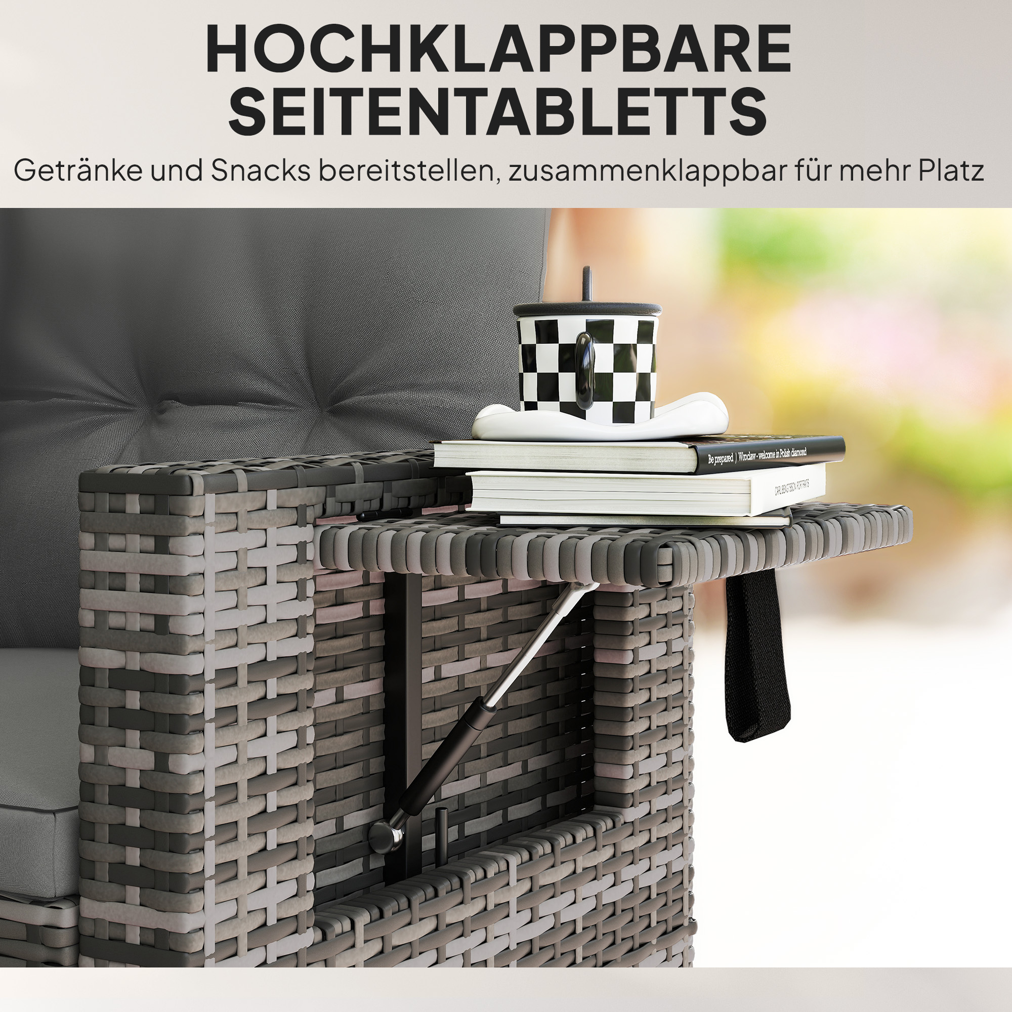 2-Sitzer Rattansofa mit Kissen Klappbar Seitentabletts Loungesofa Sitzgruppe Hellgrau