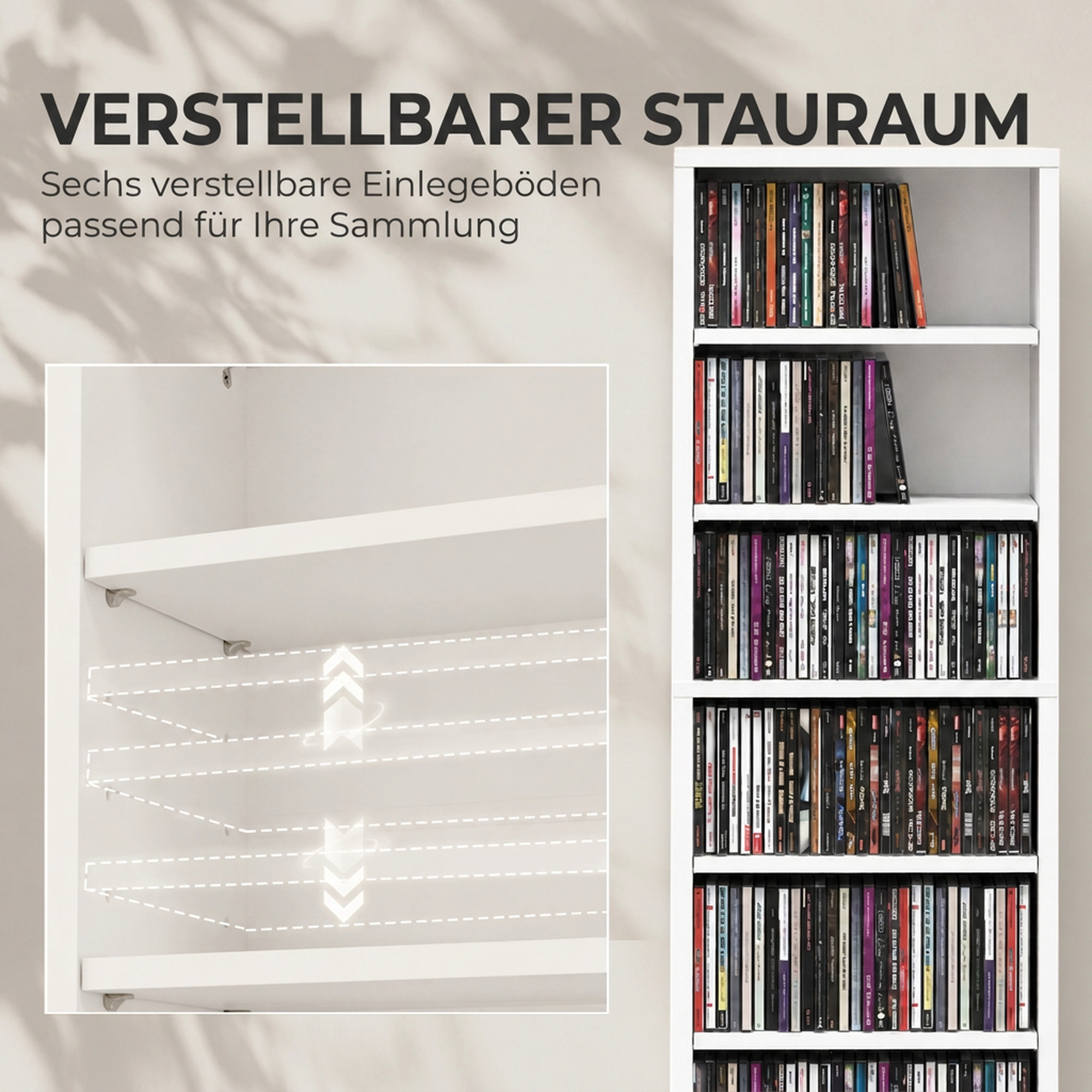 CD-/DVD-Regal, 9 Ebenen, schmales Standregal mit 6 verstellbaren Böden, für 260 CDs, Weiß