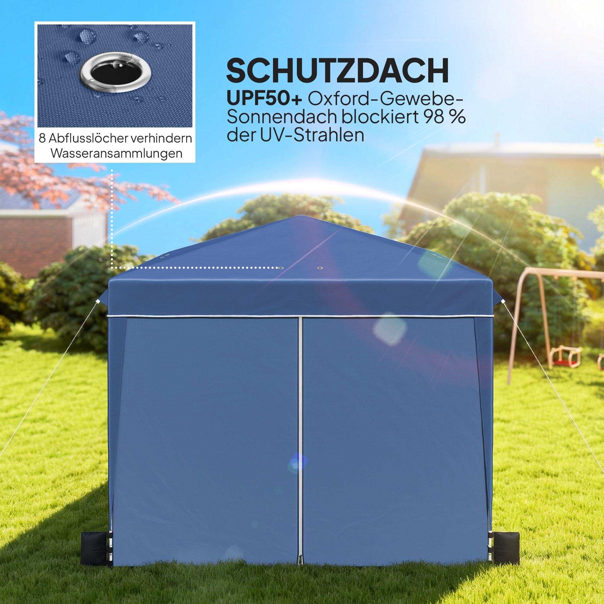 Pavillon 3 x3 m Wasserdicht höhenverstellbar Pop-up Faltpavillon mit 2 Seitenteilen, UV 50+ Faltbar Dunkelblau