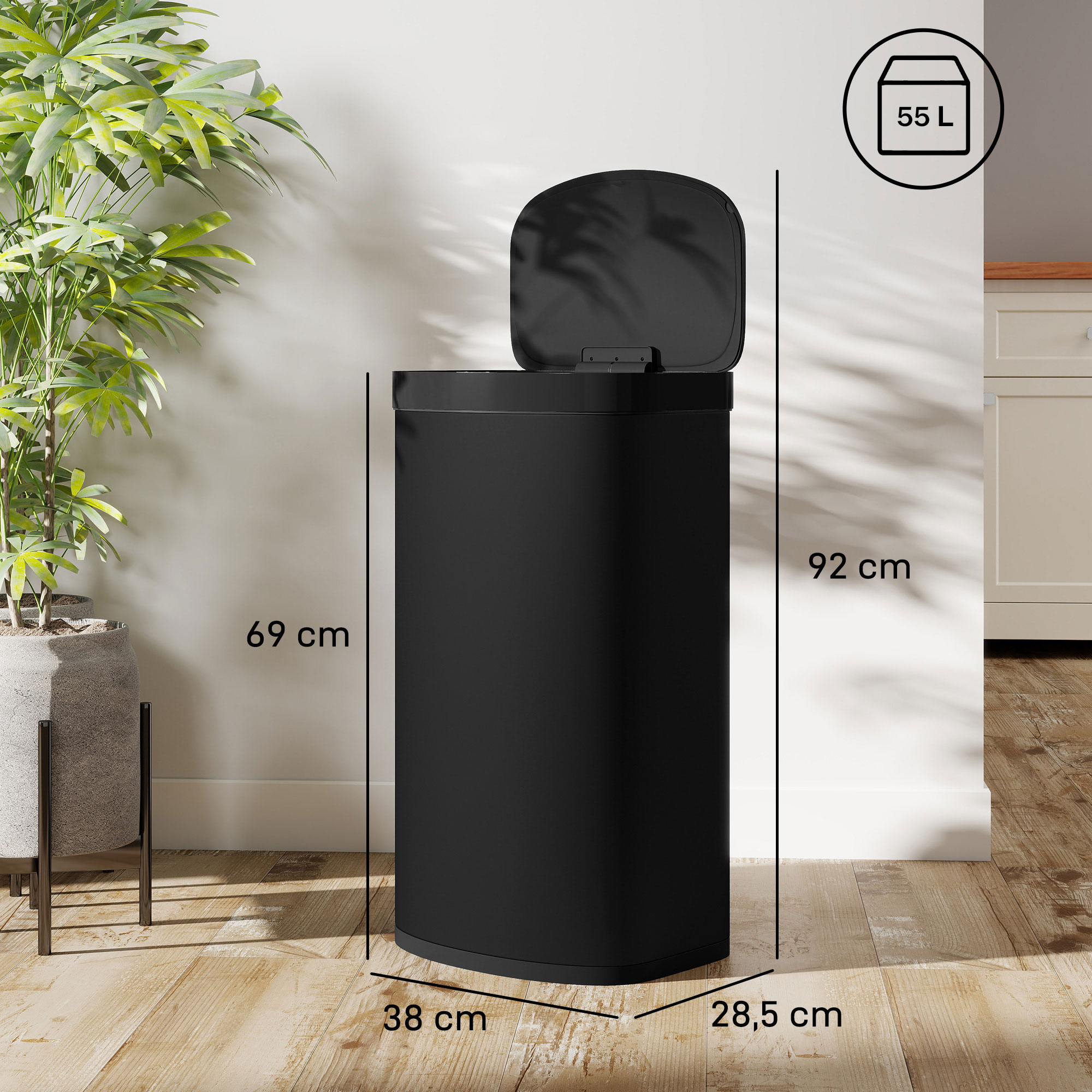 Sensor Mülleimer 55L Abfalleimer mit Soft-Close-Deckel aus Edelstahl, für Küche Fitnessstudio Büro, Schwarz