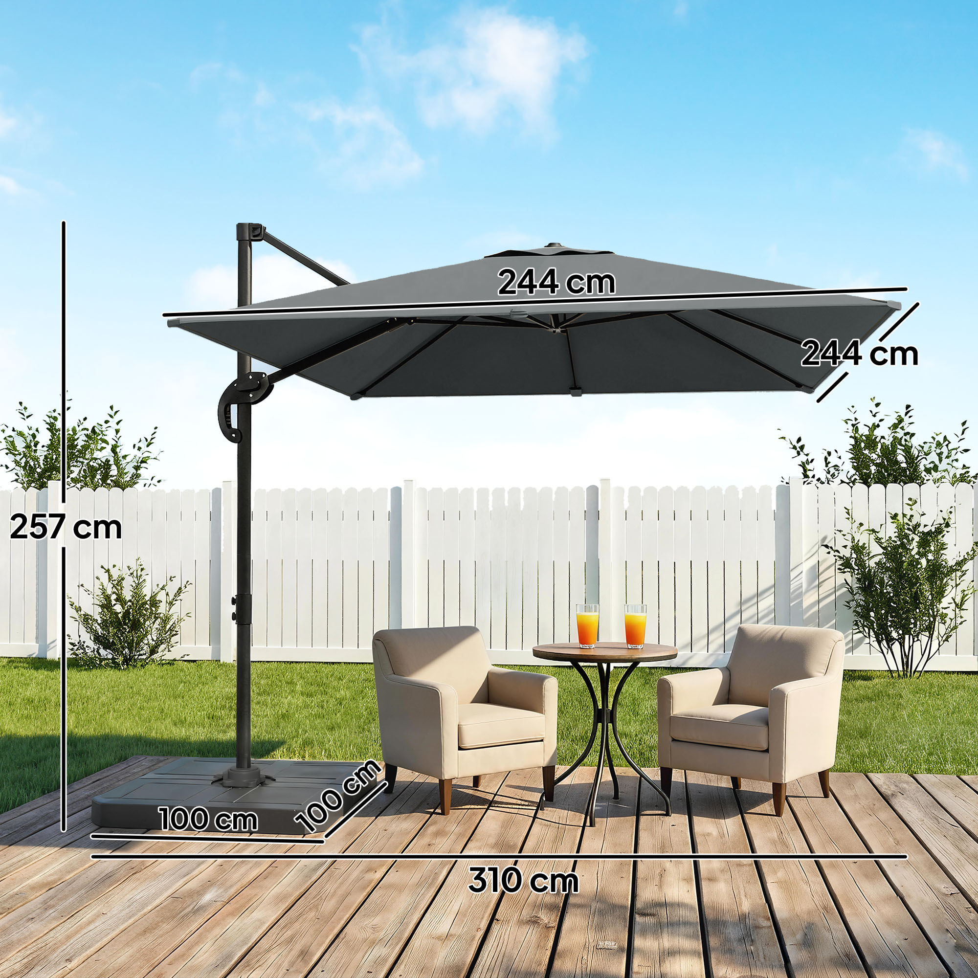 Alu Ampelschirm  Ø244cm Sonnenschirm mit Kurbel Ständer Wasserabweisend 360° drehbar Dunkelgrau