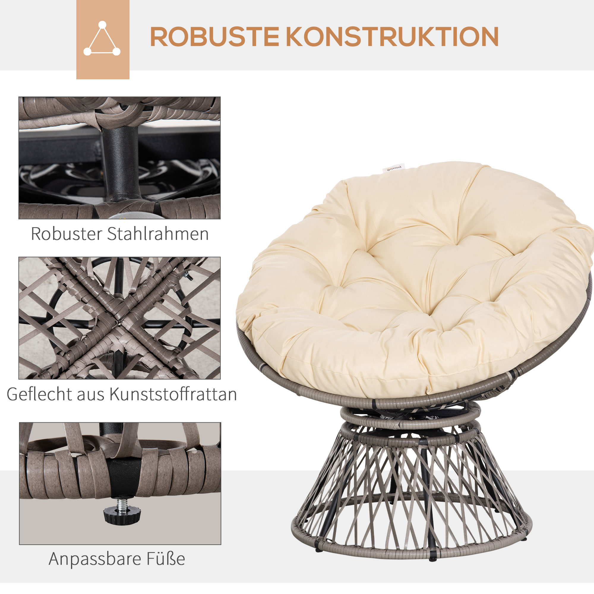 Papasansessel, Korbsessel, Sitzkissen, Kunstrattan, drehbar, Metallrahmen, 87 x 97 x 86 cm, Beige