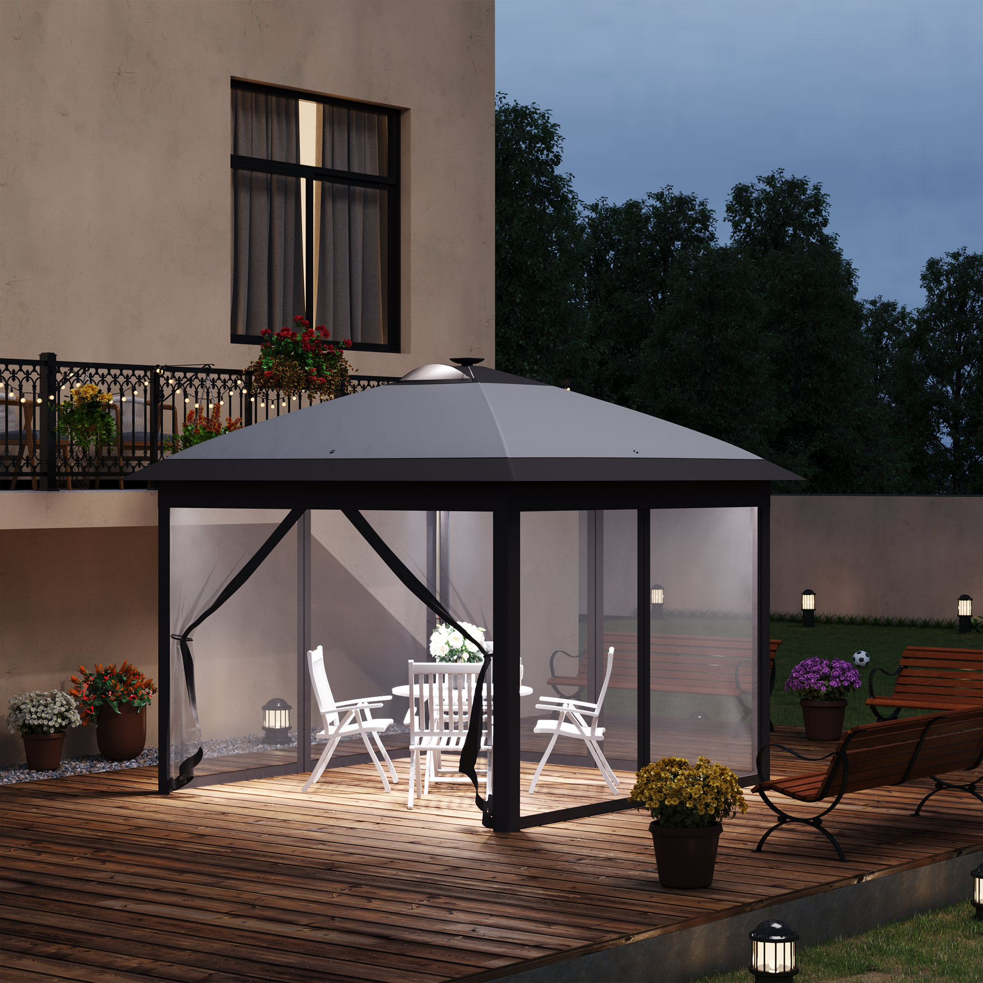 3,3 x 3,3 m Faltpavillon mit LED-Beleuchtung, Meshvorhänge, Tragetasche, Grau