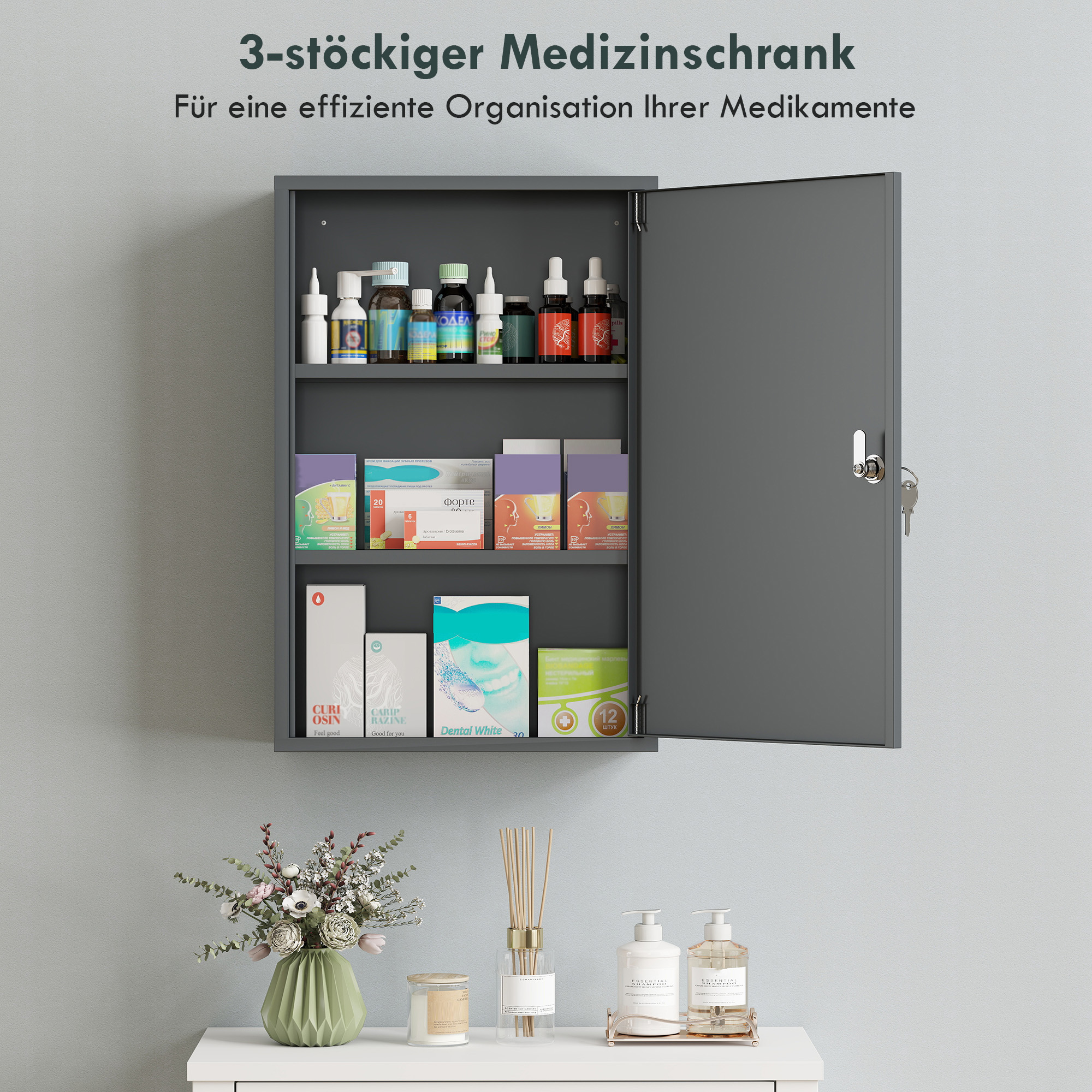 Wand-Medizinschrank, Badezimmerschrank mit 3 Regalböden, 2 Schlüsseln, 40 x 18 x 60 cm, Grau