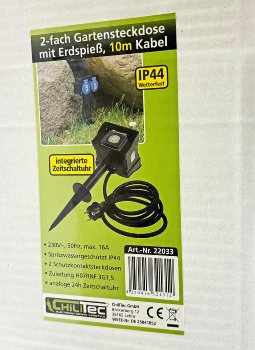Gartensteckdose mit Erdspieß, 2-fach / IP44, 10m Kabel, Zeitschaltuhr