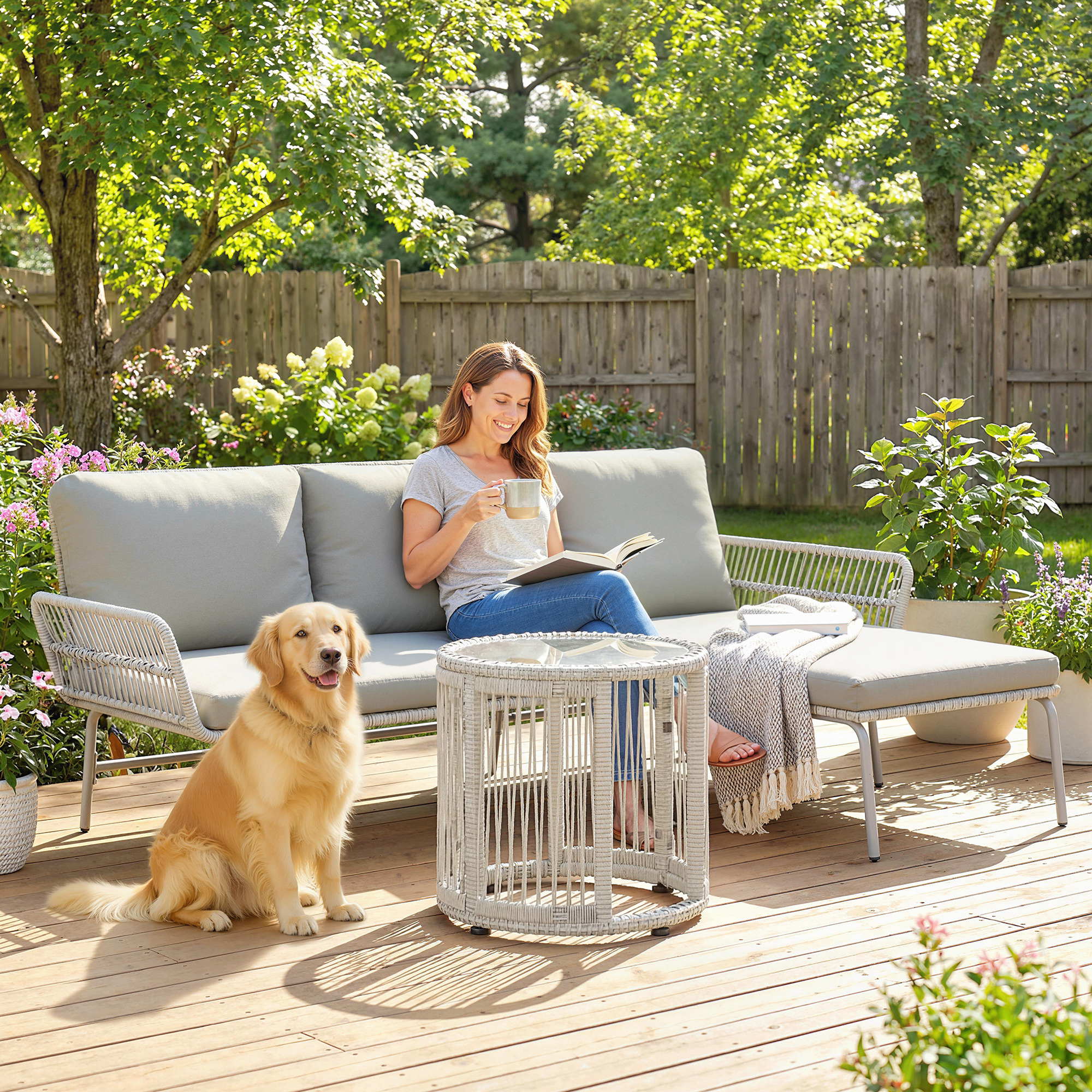 Polyrattan Gartenmöbel Set 3-teilig mit Sonnenliege Zweisitzersofa Couchtisch abnehmbar Kissen Hellgrau