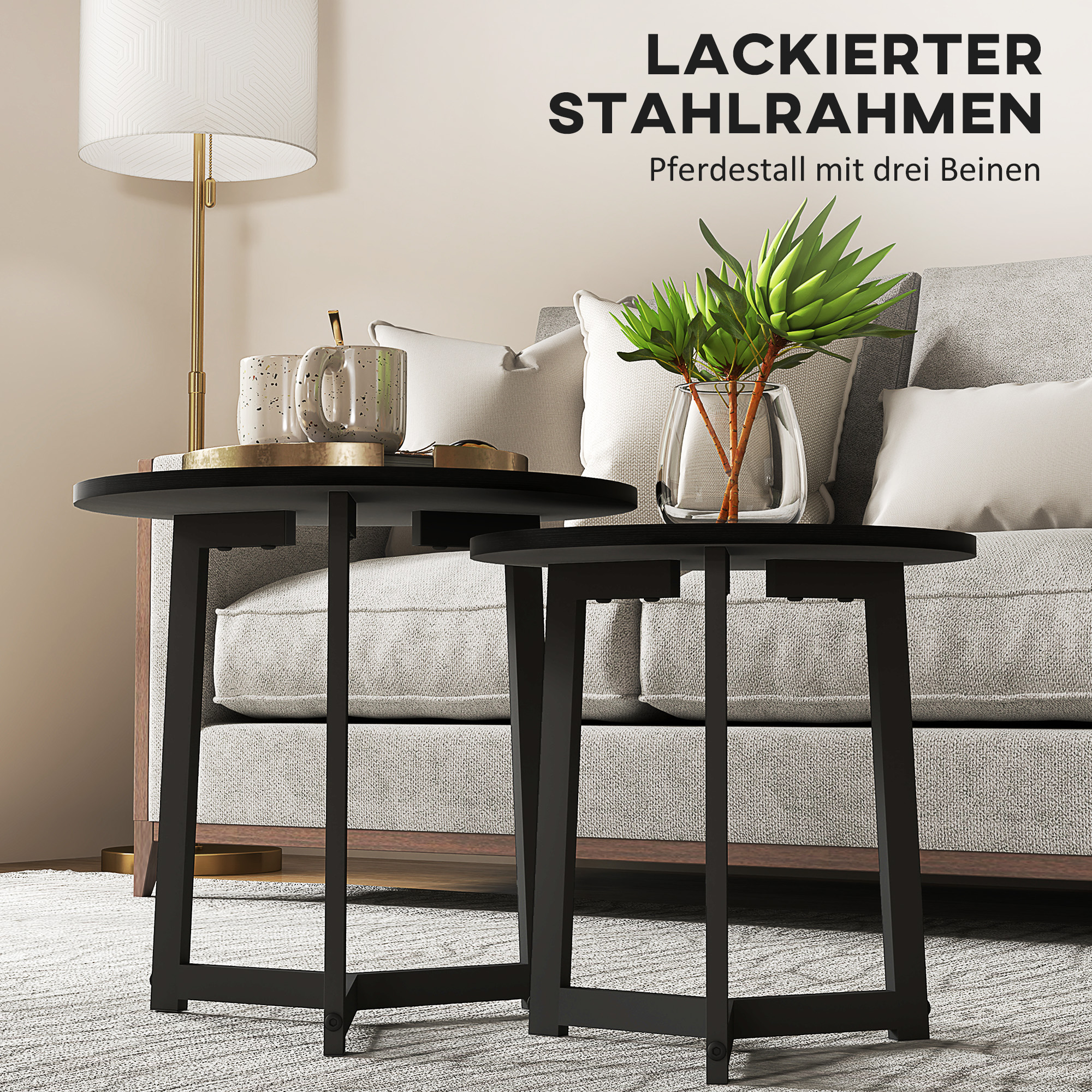 Moderner Couchtisch als 2er-Set, Metallrahmen, MDF, Rundes Design, ineinander verschiebbar, Schwarz