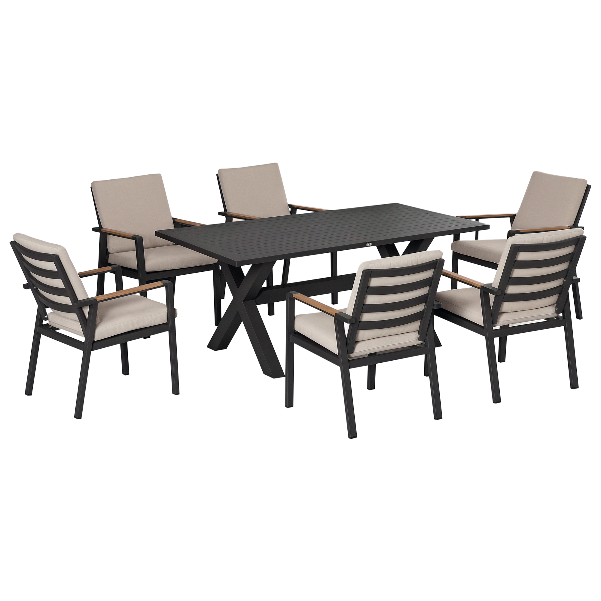 Gartenmöbel-Set für 6 Personen, 6 Stühle, 1 Tisch, wetterbeständig, 175 cm x 92 cm x 73 cm, Schwarz + Grau