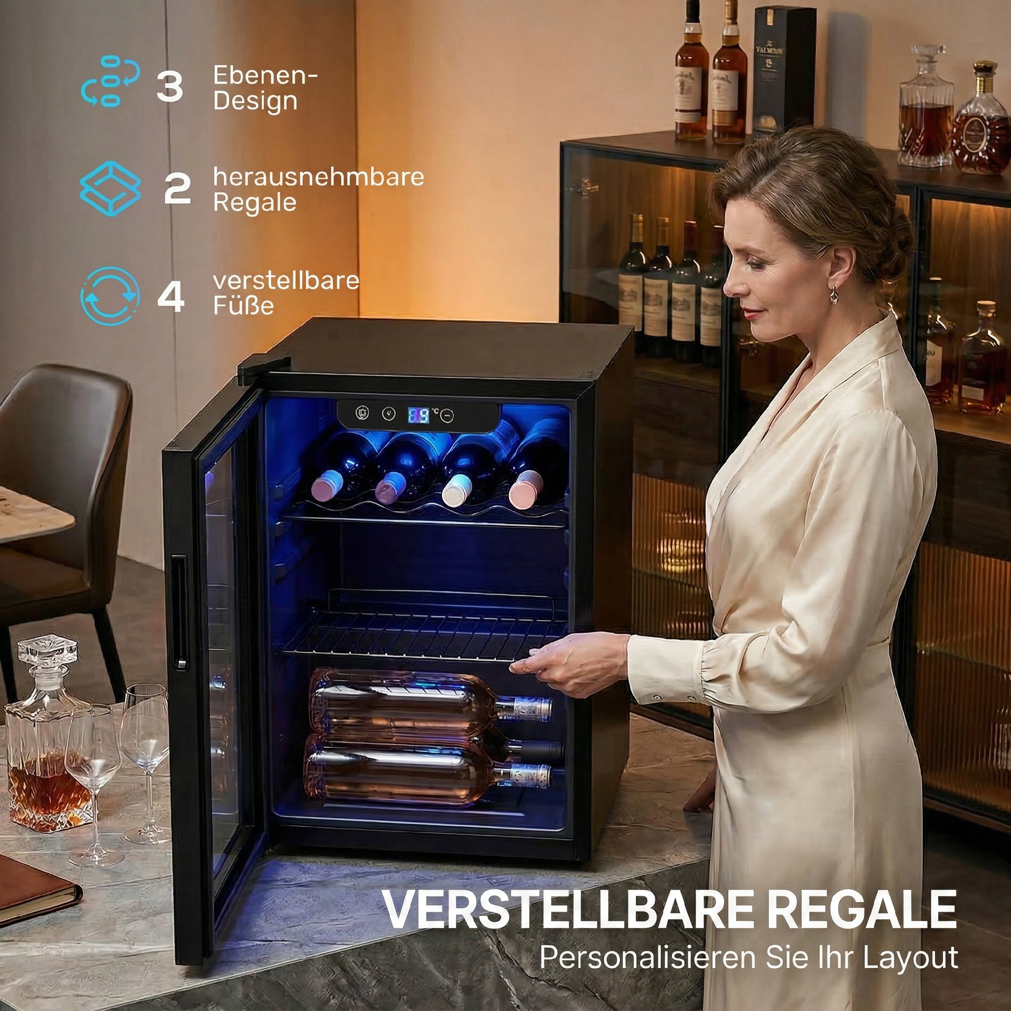 Weinkühler für 16 Flaschen, 48 L Kapazität, 4–16°C, Unterbau Kühlschrank für Getränke und Bier, mit Glastür, LED-Licht