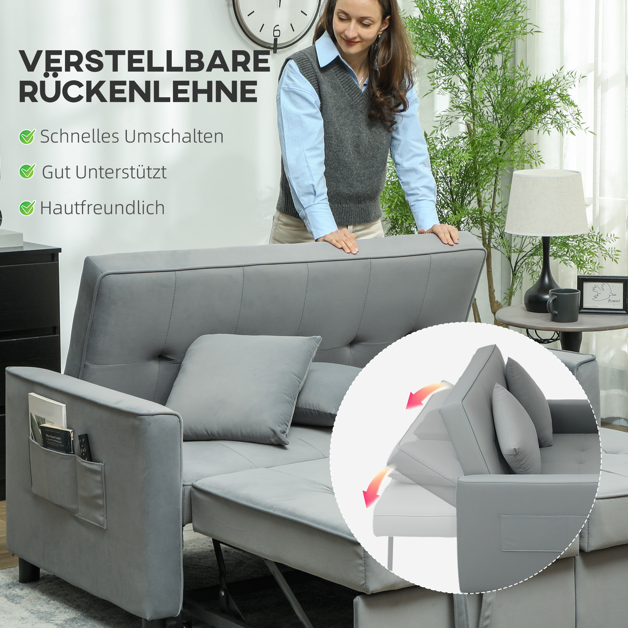 4-in-1 Sofa, verstellbare Couch, Sofabett, mit Kissen, Stoffbezug, für Wohnzimmer, Schlafzimmer, Grau