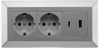2-fach Steckdosenblock, USB-A+C, silber, 250V~/ 16A, Aufbaumontage, USB 3,1A, PD
