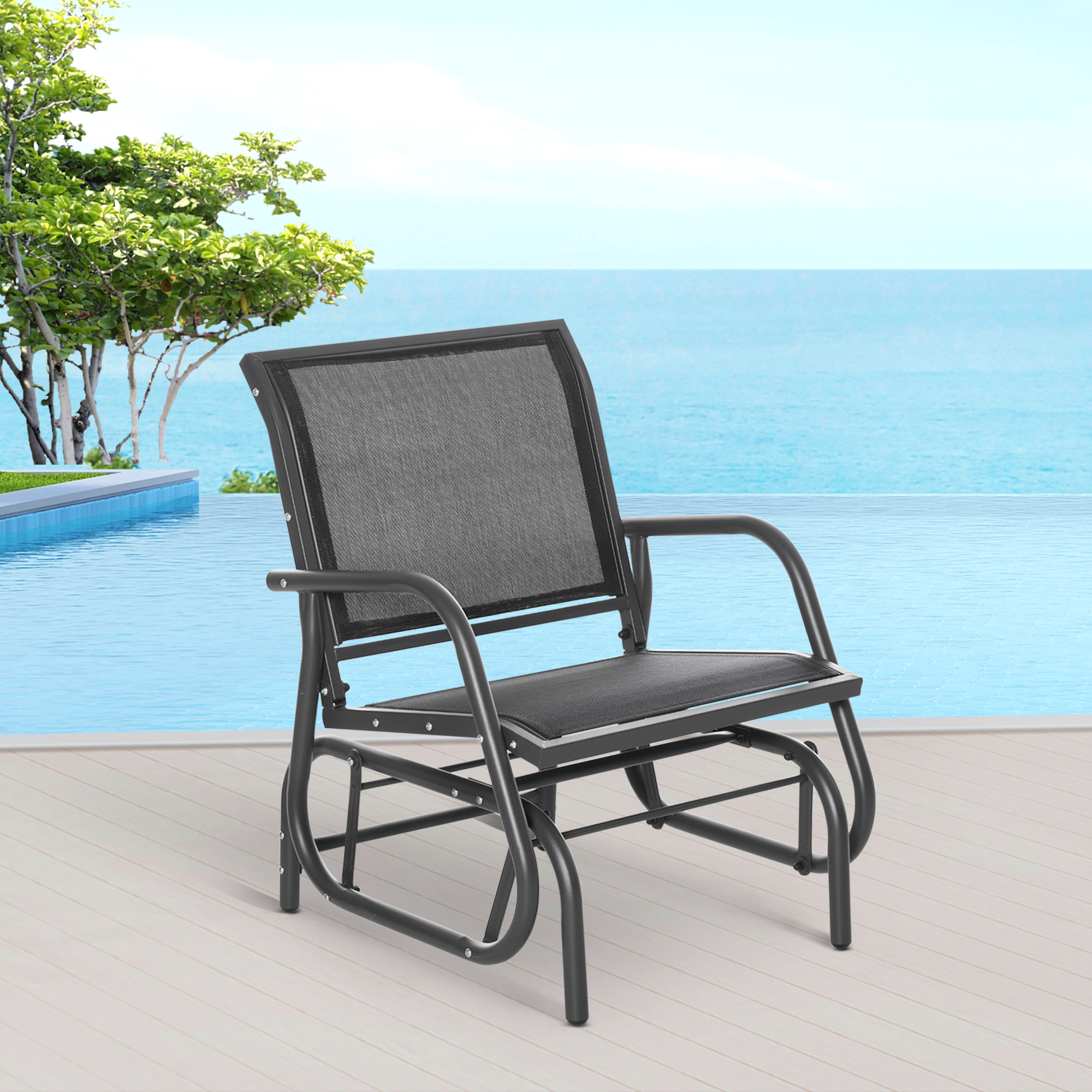 Schaukelstuhl Gartenstuhl aus Metall Schaukelsessel mit Armlehne Rückenlehne Gartenschaukel bis 120 kg belastbar Outdoor Relaxstuhl für Balkon Garten Terrassen Schwarz