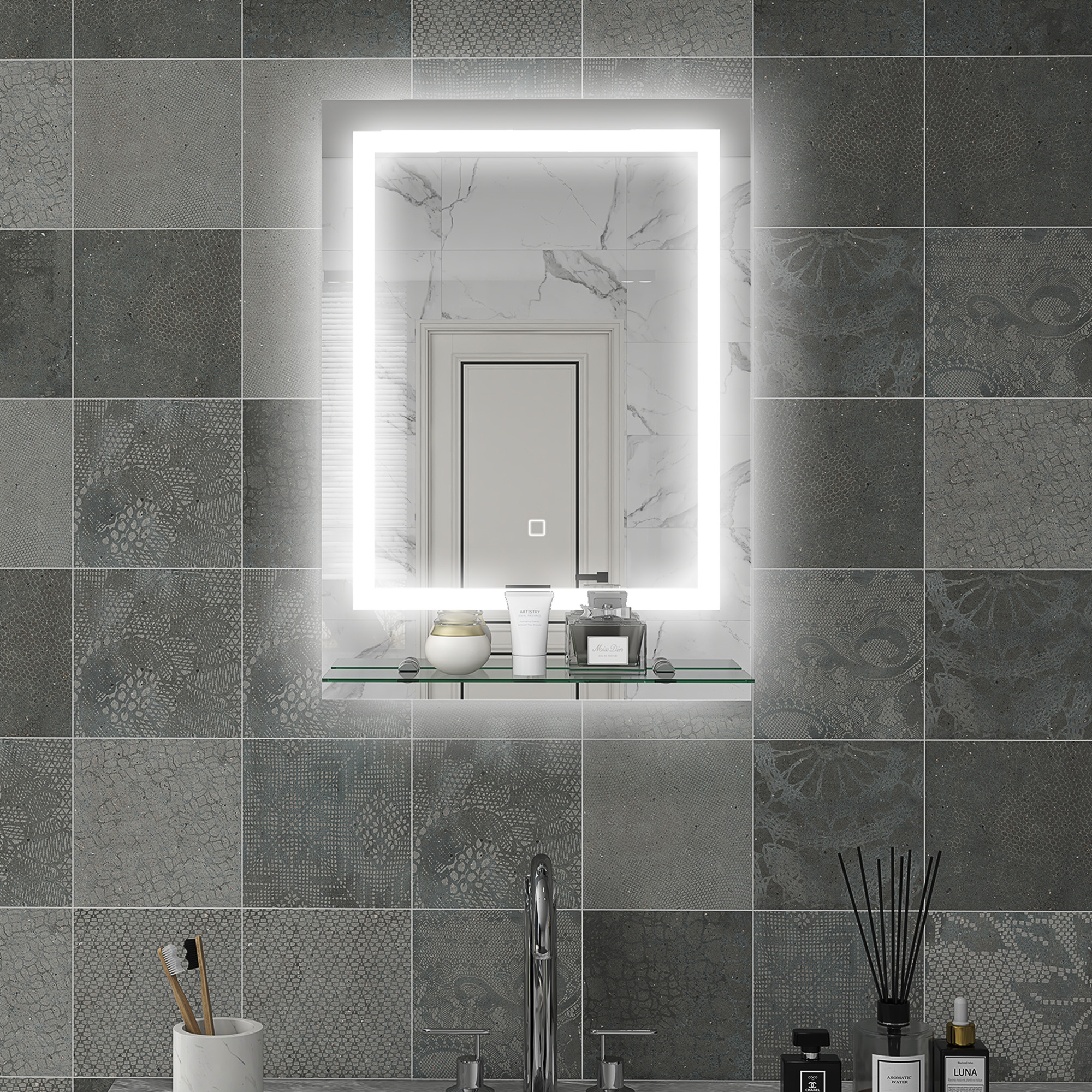 Badezimmerspiegel mit LED-Beleuchtung, 3 Lichtfarben, Antibeschlag-Funktion, verkabelt, 70 x 50 cm