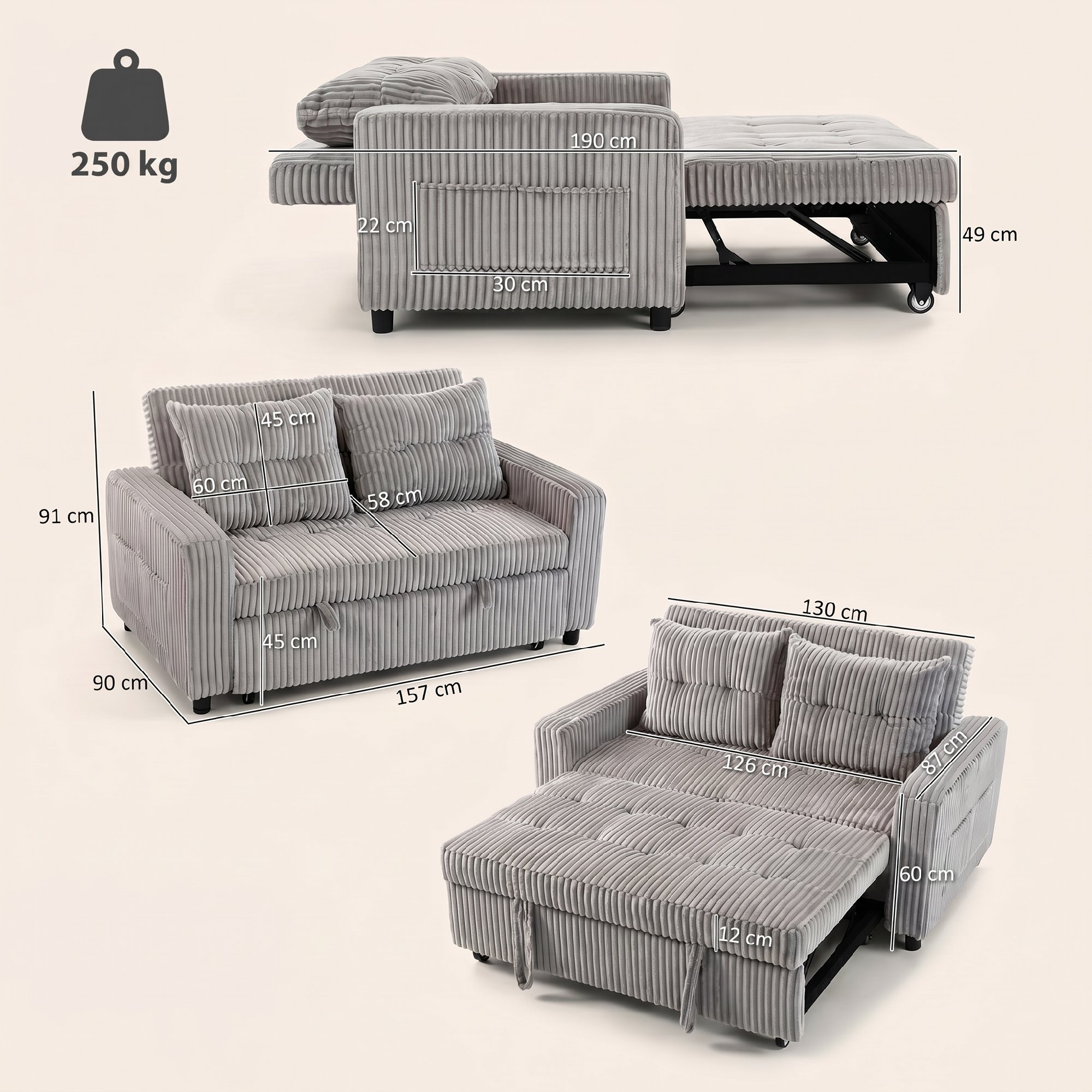 2-Sitzer Sofabett, Cordbezug, zum Schlafsofa umwandelbar, 2 Kissen, Seitentaschen, 157 x 190 cm, Hellgrau