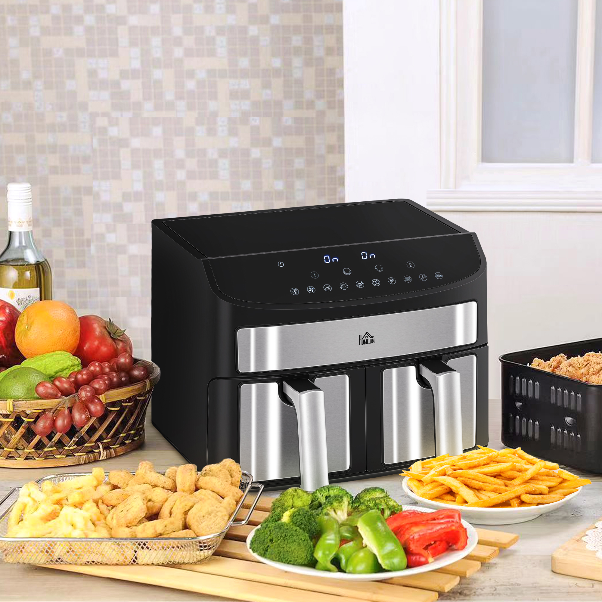 Heißluftfritteuse Multifunktionale Heißluftfritteuse,  8 L Fassungsvermögen, 2 Körbe, 60 min Time, Silber + Schwarz
